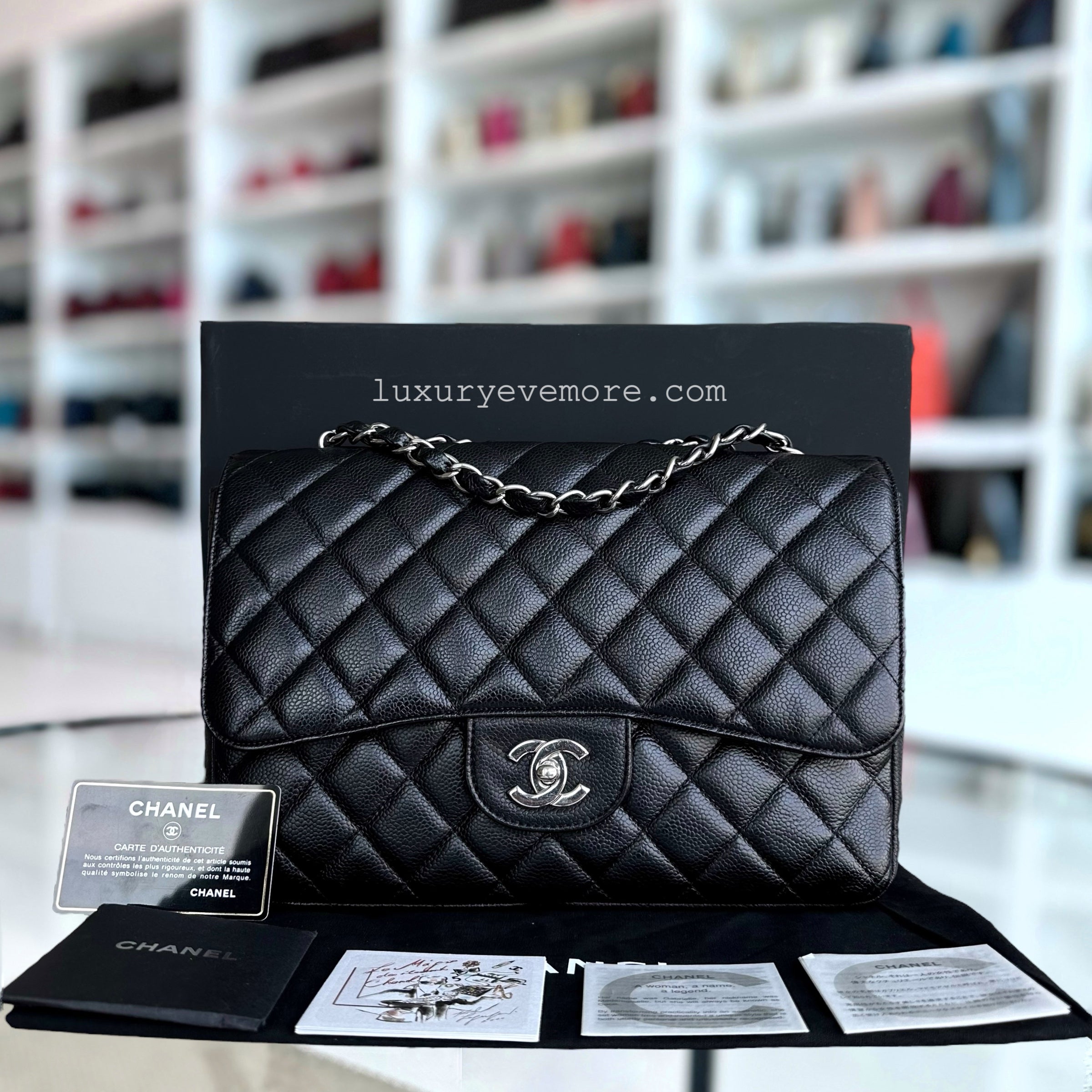 Chanel Caviar Jumbo Classic Flap Single Flap Quilted Grained Calfskin Black Silver Hardware Series 24 - Luxury Evermore