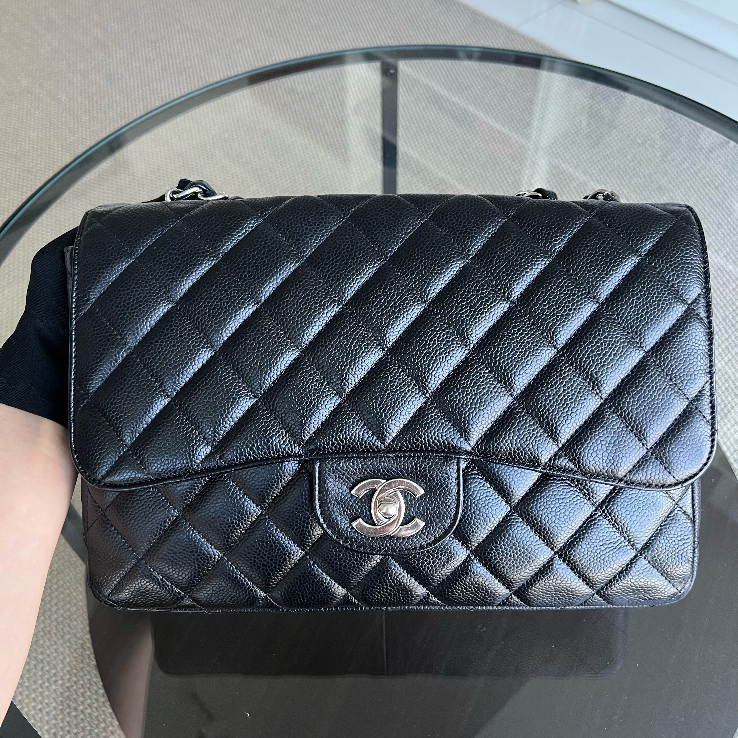 Chanel Caviar Jumbo Classic Flap Single Flap Quilted Grained Calfskin Black Silver Hardware Series 24 - Luxury Evermore