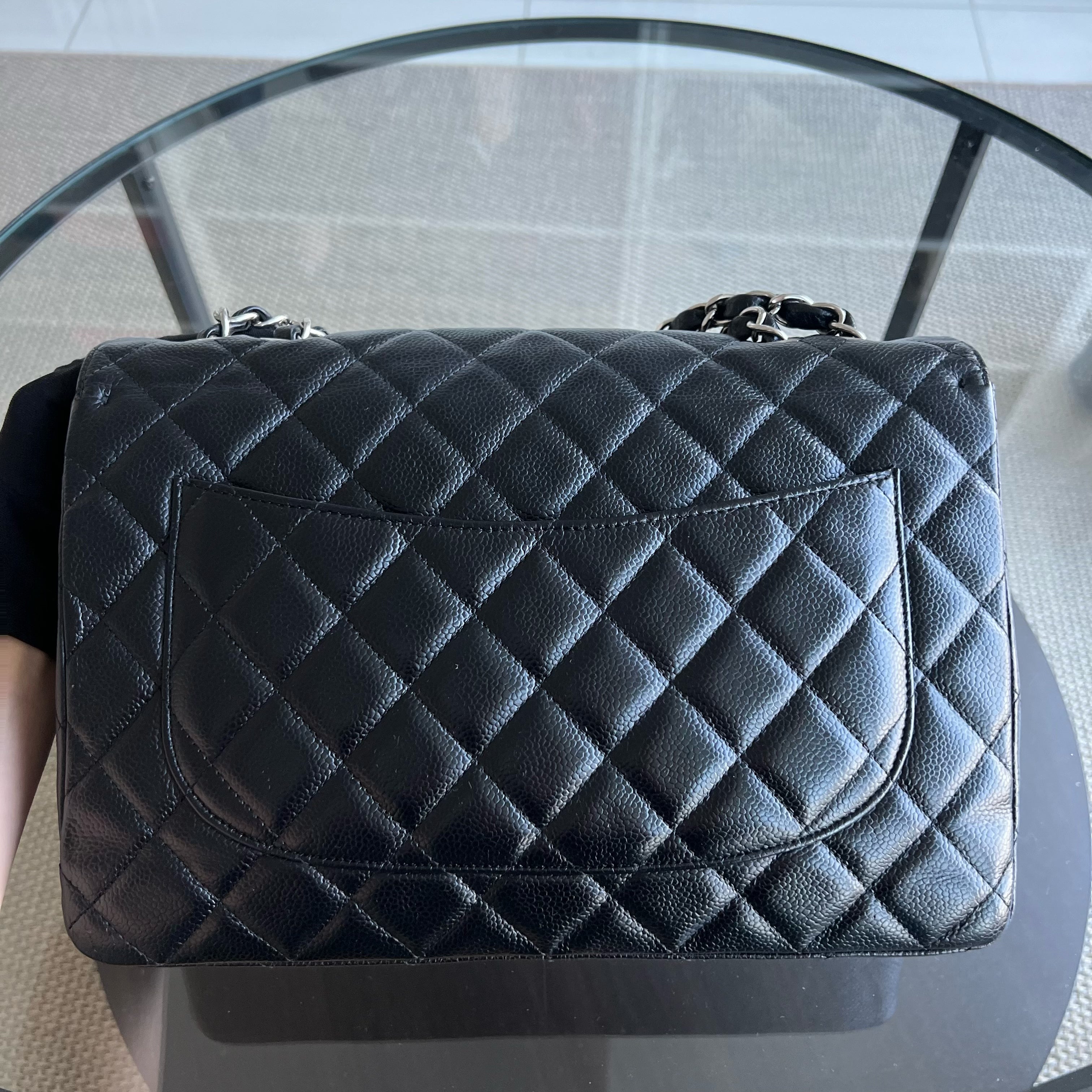 Chanel Caviar Jumbo Classic Flap Single Flap Quilted Grained Calfskin Black Silver Hardware Series 24 - Luxury Evermore