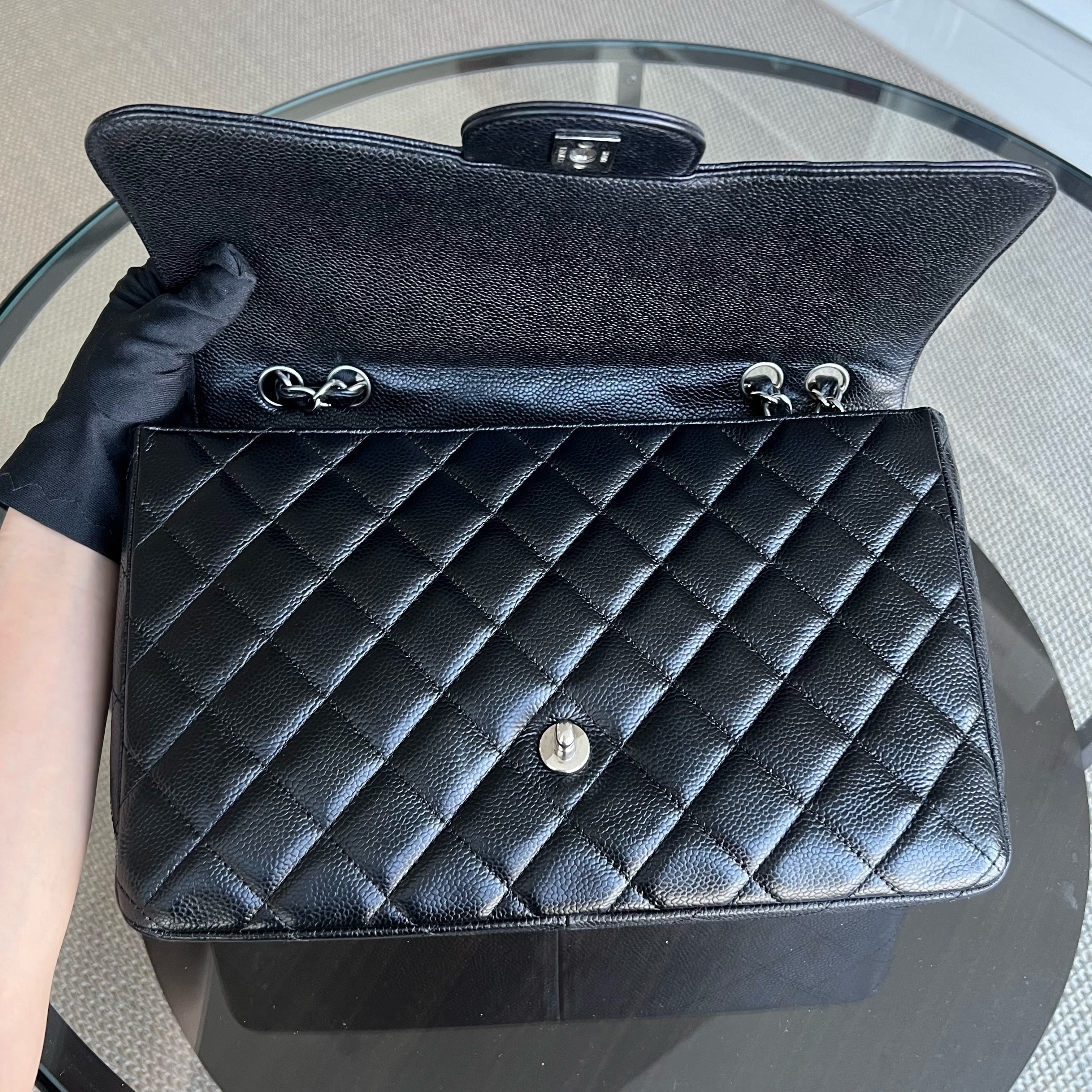 Chanel Caviar Jumbo Classic Flap Single Flap Quilted Grained Calfskin Black Silver Hardware Series 24 - Luxury Evermore