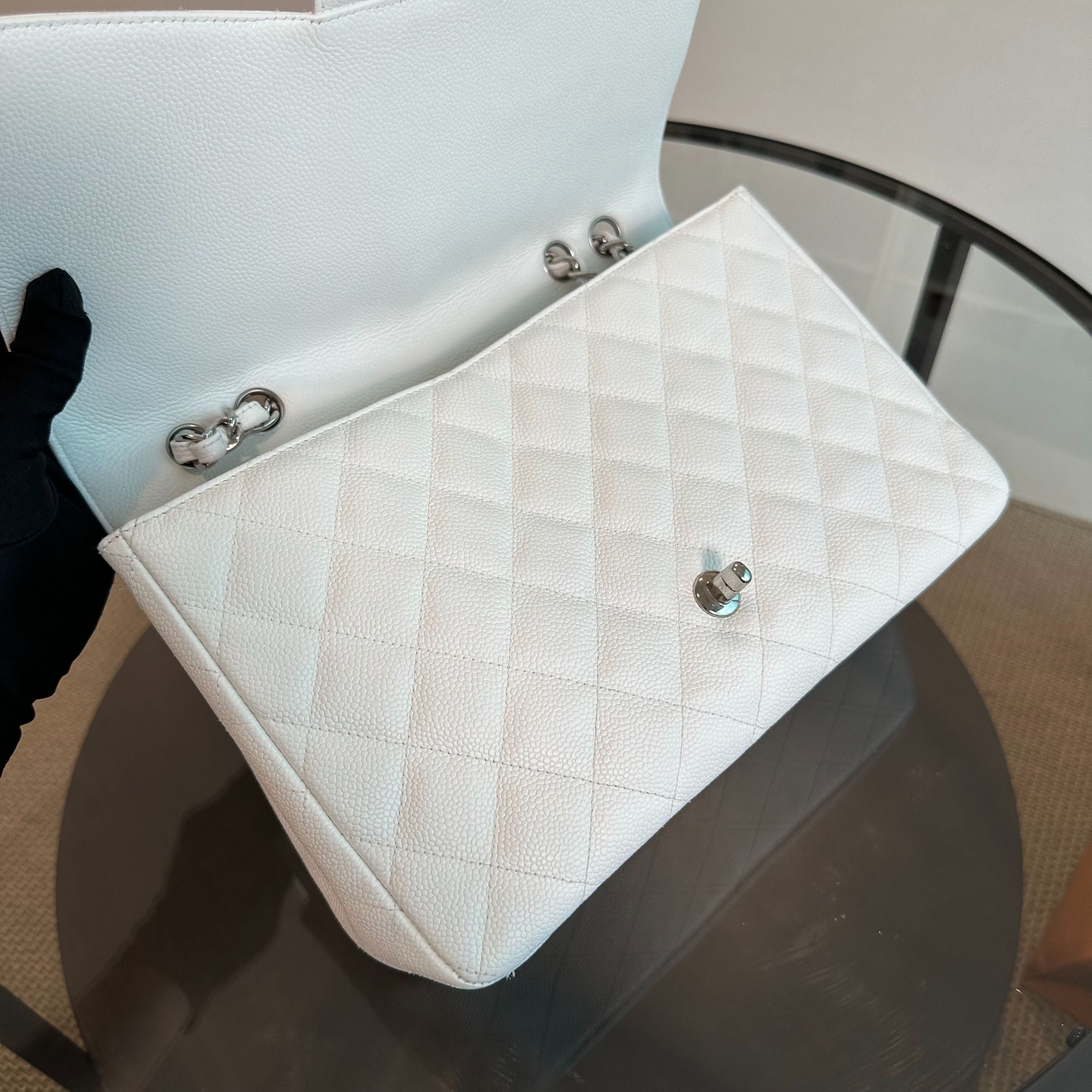 Chanel Caviar Jumbo Classic Flap Single Flap White SHW No 13 - Luxury Evermore