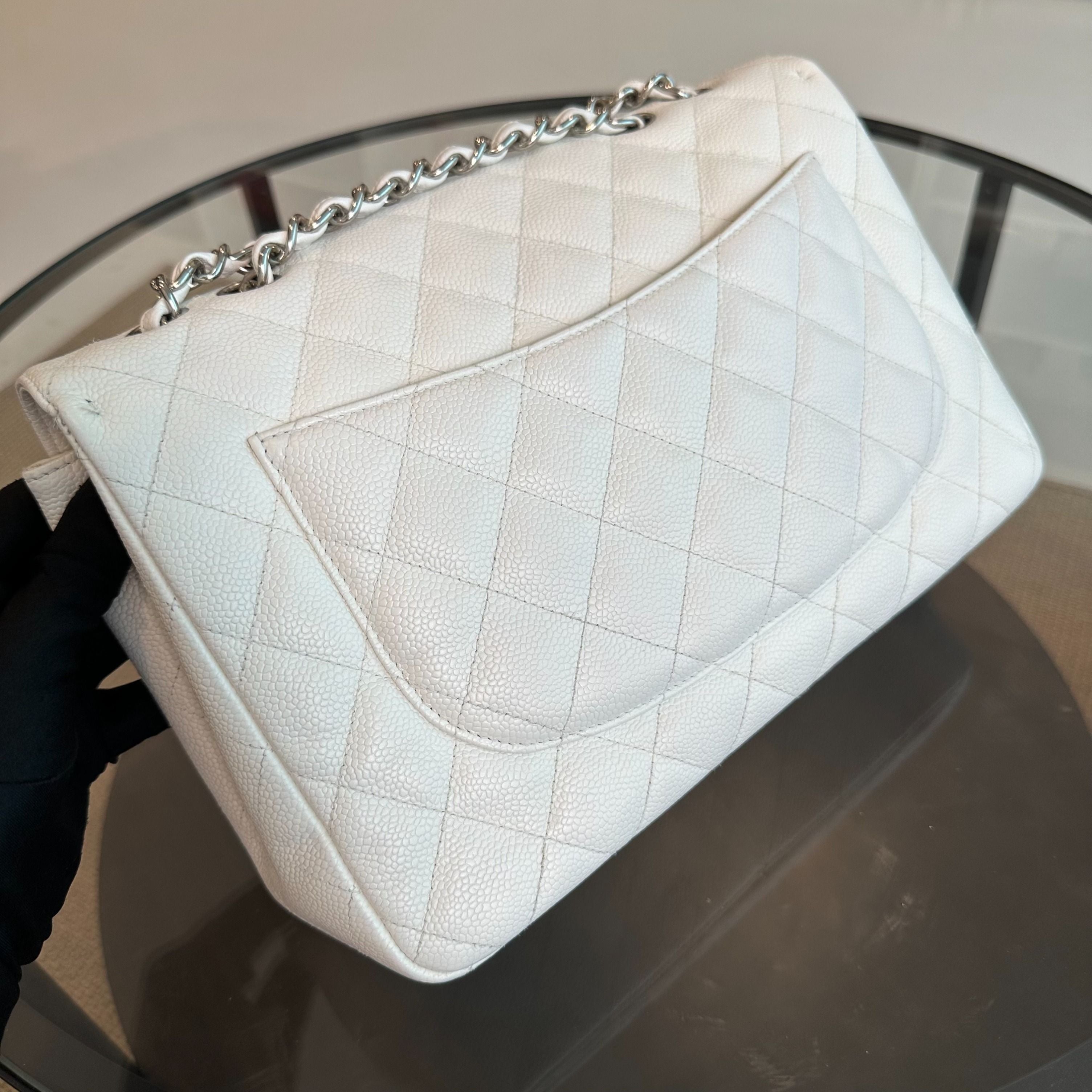 Chanel Caviar Jumbo Classic Flap Single Flap White SHW No 13 - Luxury Evermore