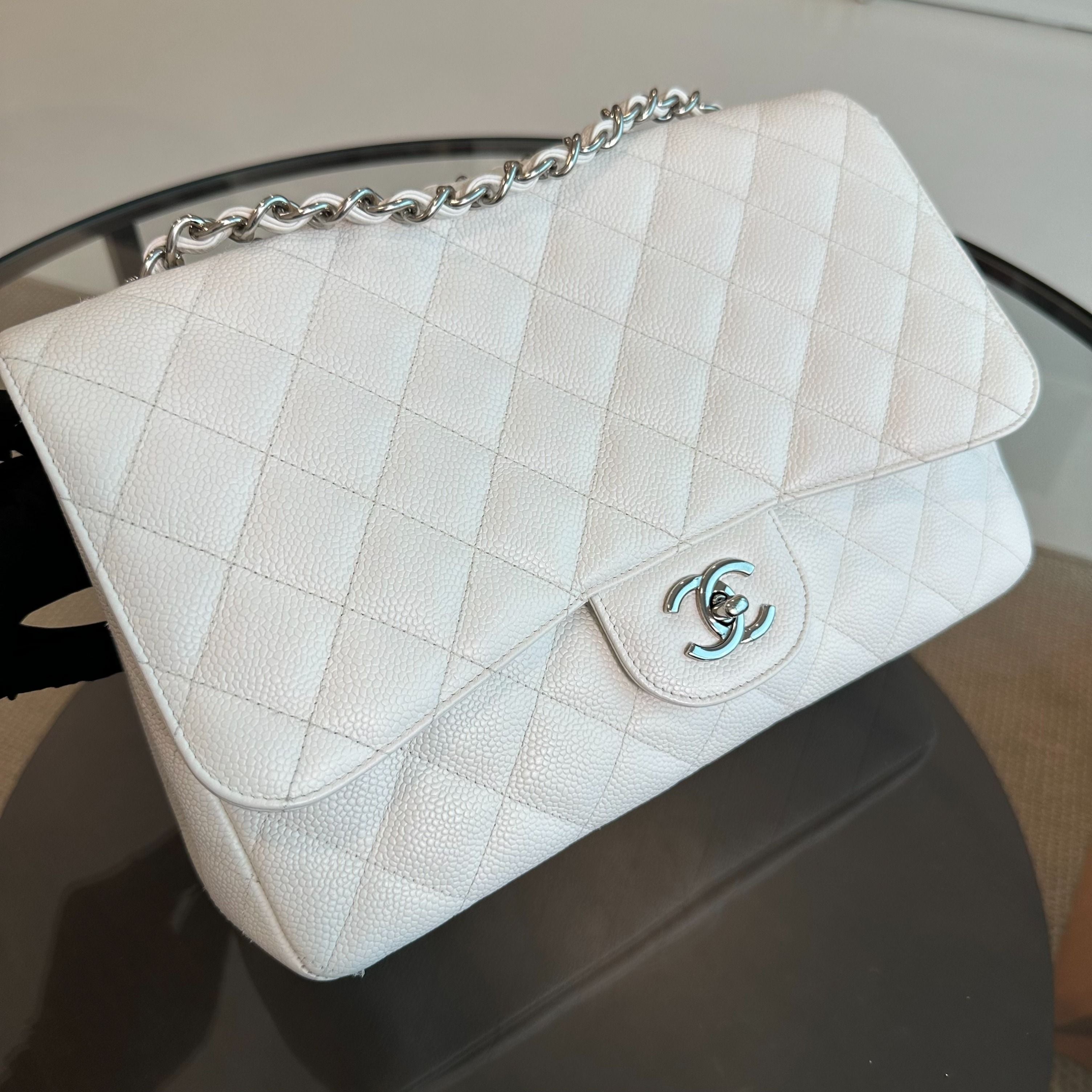 Chanel Caviar Jumbo Classic Flap Single Flap White SHW No 13 - Luxury Evermore