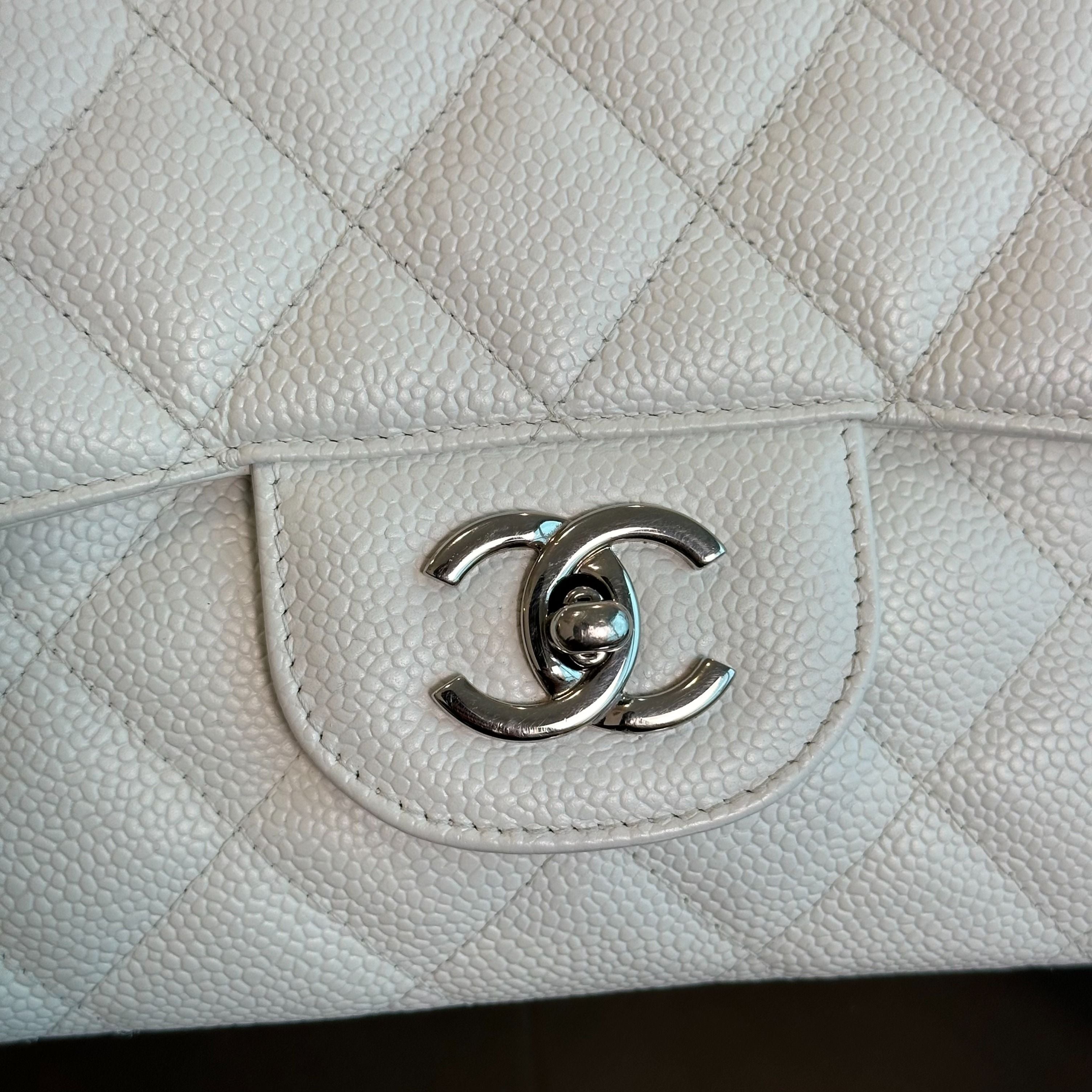 Chanel Caviar Jumbo Classic Flap Single Flap White SHW No 13 - Luxury Evermore