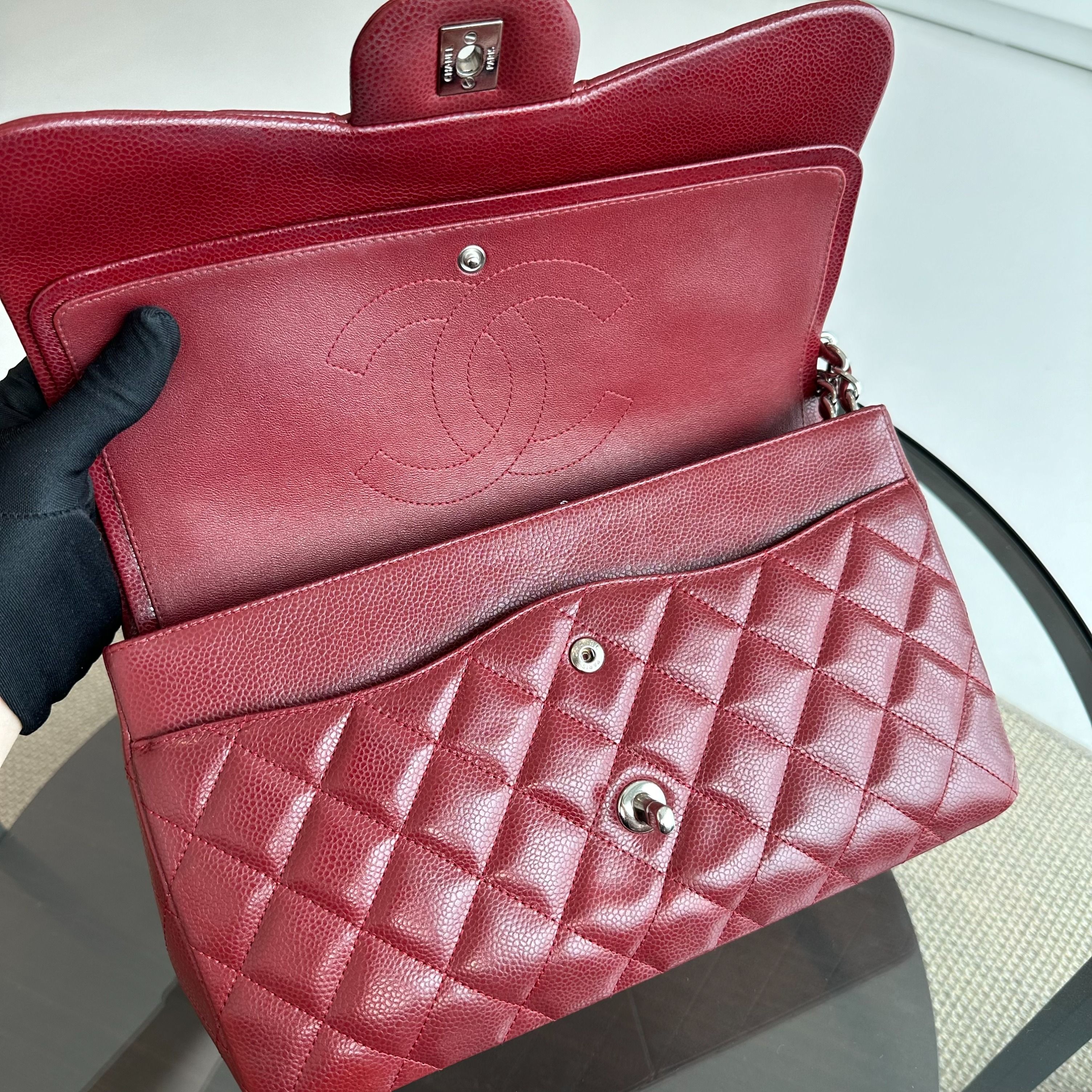 Chanel Caviar Jumbo Double Flap Classic Flap 30CM Cross Body Burgundy SHW No 14 - Luxury Evermore