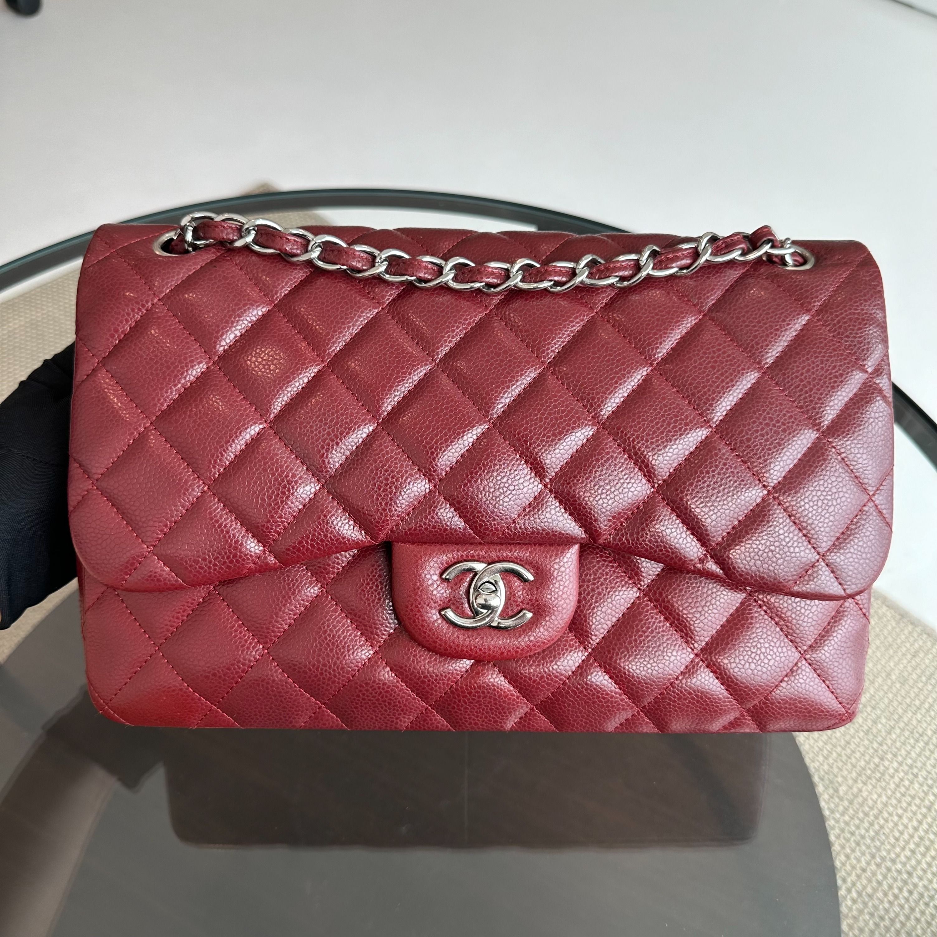 Chanel Caviar Jumbo Double Flap Classic Flap 30CM Cross Body Burgundy SHW No 14 - Luxury Evermore