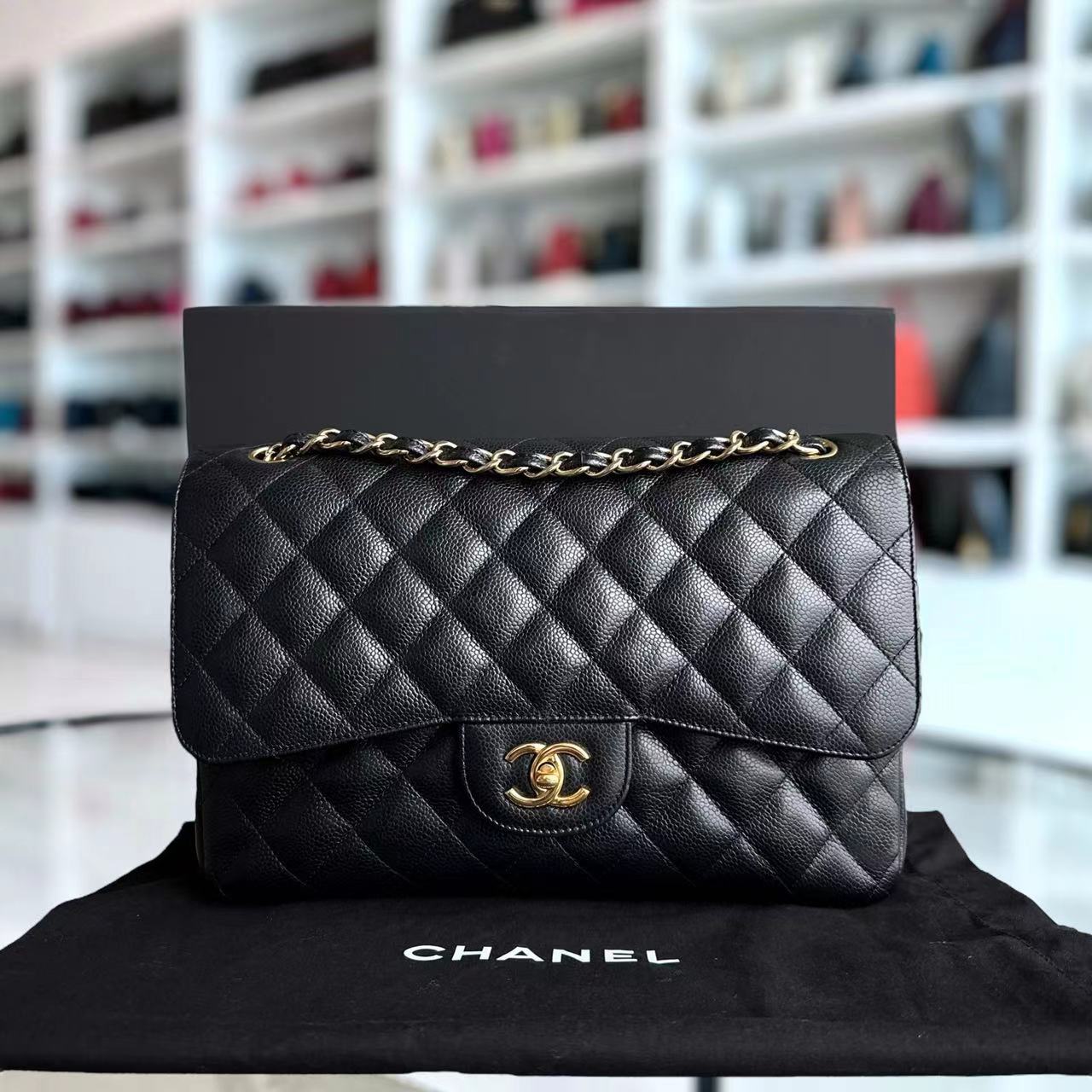 Chanel Caviar Jumbo Double Flap Classic Flap Quilted Calfskin Black GHW - Luxury Evermore