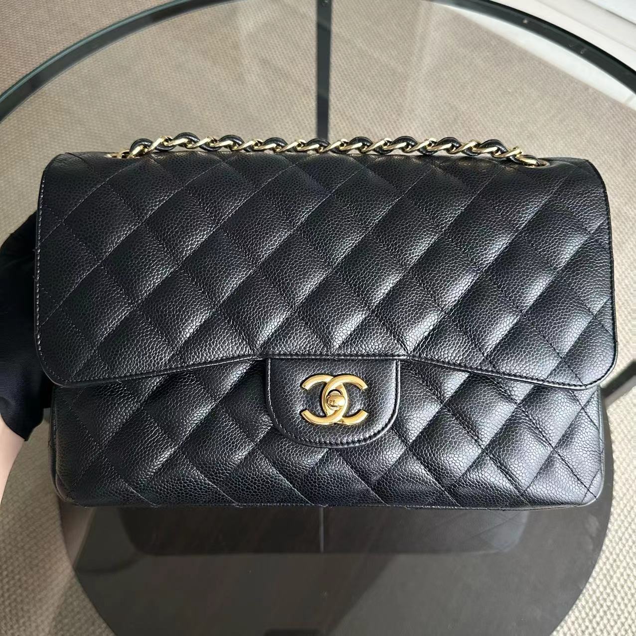 Chanel Caviar Jumbo Double Flap Classic Flap Quilted Calfskin Black GHW - Luxury Evermore