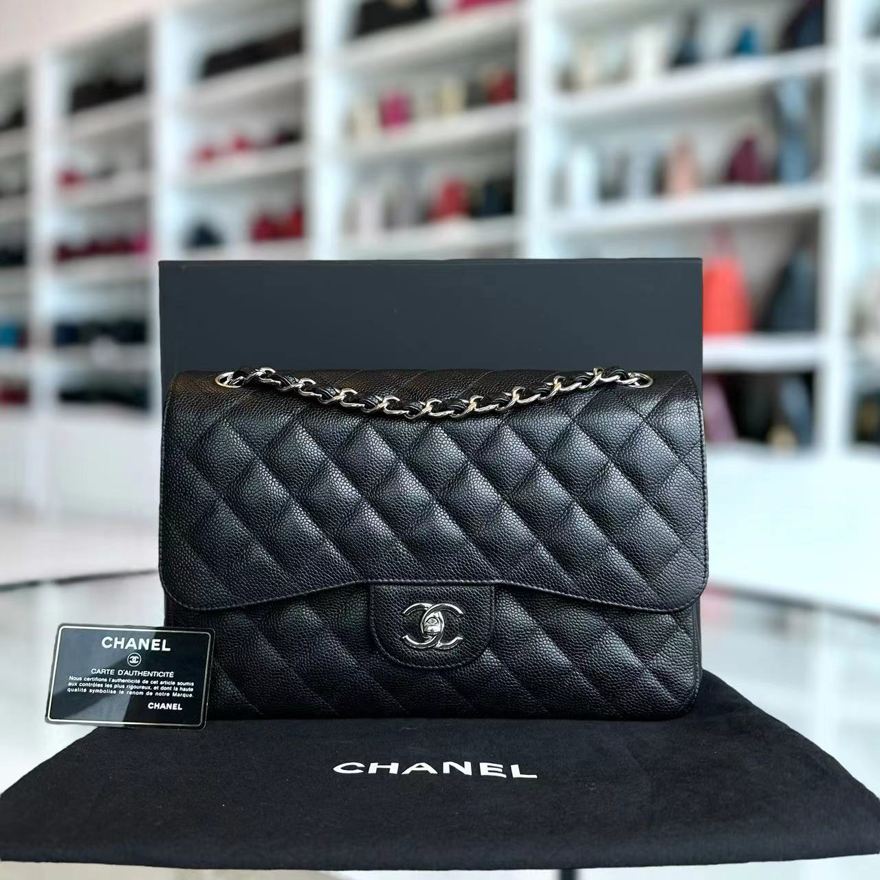 Chanel Caviar Jumbo Double Flap Classic Flap Quilted Calfskin Black Silver Hardware Series 19 - Luxury Evermore