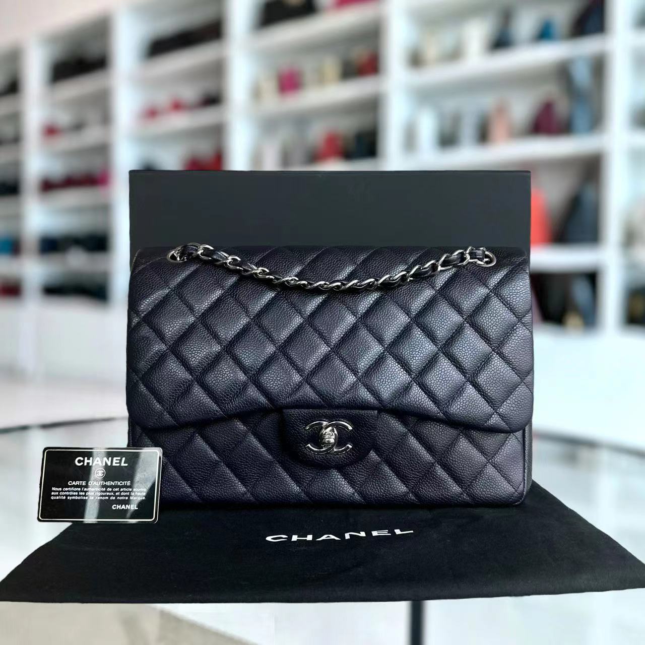 Chanel Caviar Jumbo Double Flap Classic Flap Quilted Calfskin Dark Blue Purple SHW No 18 - Luxury Evermore