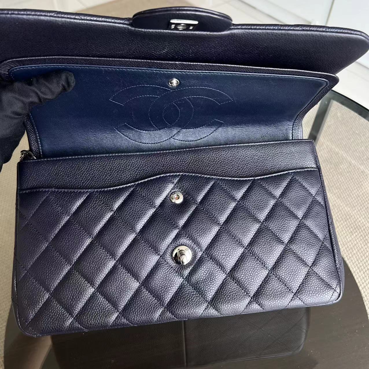 Chanel Caviar Jumbo Double Flap Classic Flap Quilted Calfskin Dark Blue Purple SHW No 18 - Luxury Evermore