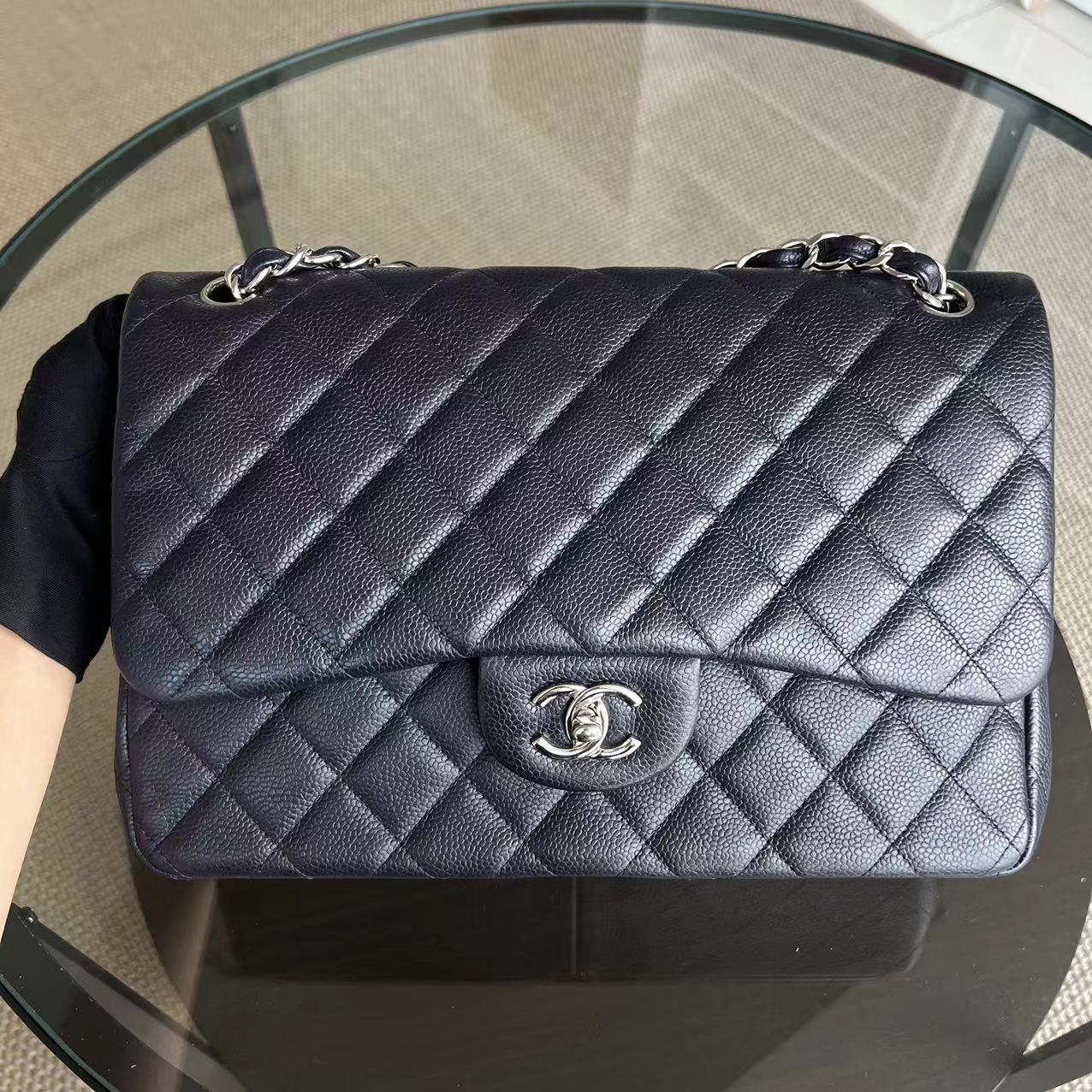 Chanel Caviar Jumbo Double Flap Classic Flap Quilted Calfskin Dark Blue Purple SHW No 18 - Luxury Evermore