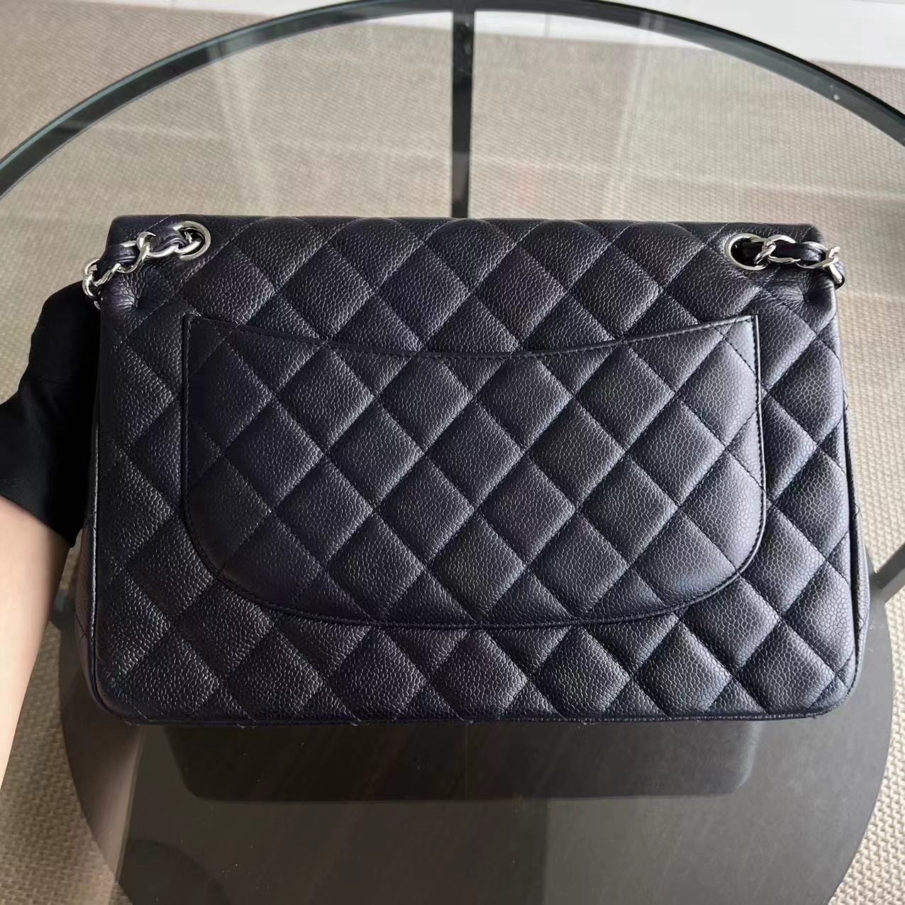 Chanel Caviar Jumbo Double Flap Classic Flap Quilted Calfskin Dark Blue Purple SHW No 18 - Luxury Evermore