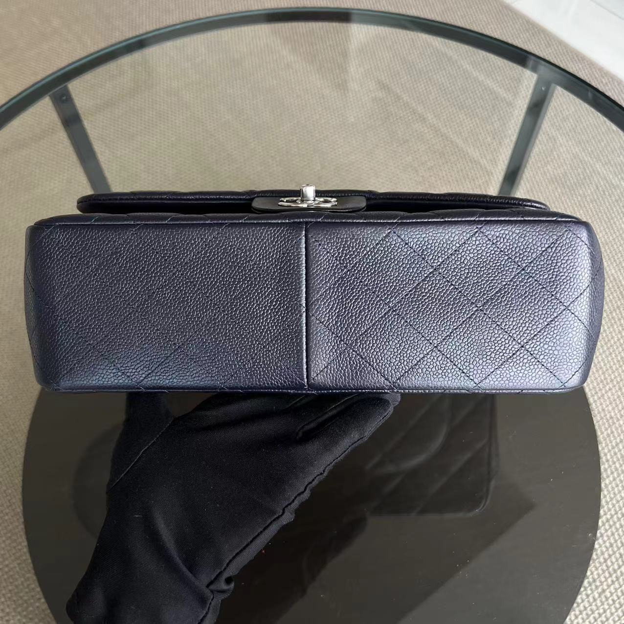 Chanel Caviar Jumbo Double Flap Classic Flap Quilted Calfskin Dark Blue Purple SHW No 18 - Luxury Evermore