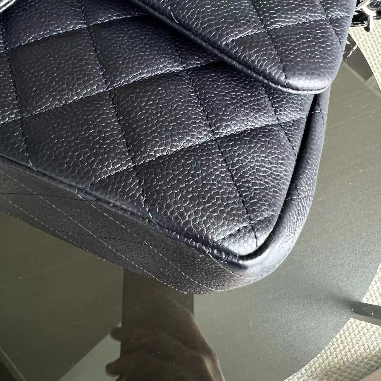 Chanel Caviar Jumbo Double Flap Classic Flap Quilted Calfskin Dark Blue Purple SHW No 18 - Luxury Evermore