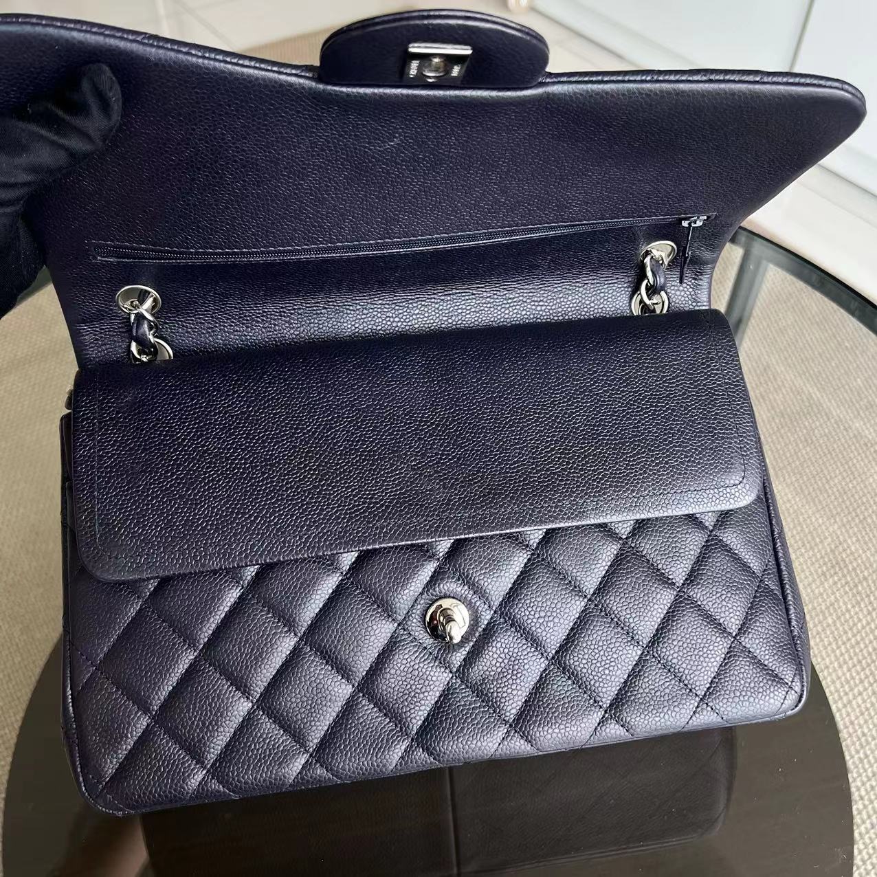 Chanel Caviar Jumbo Double Flap Classic Flap Quilted Calfskin Dark Blue Purple SHW No 18 - Luxury Evermore