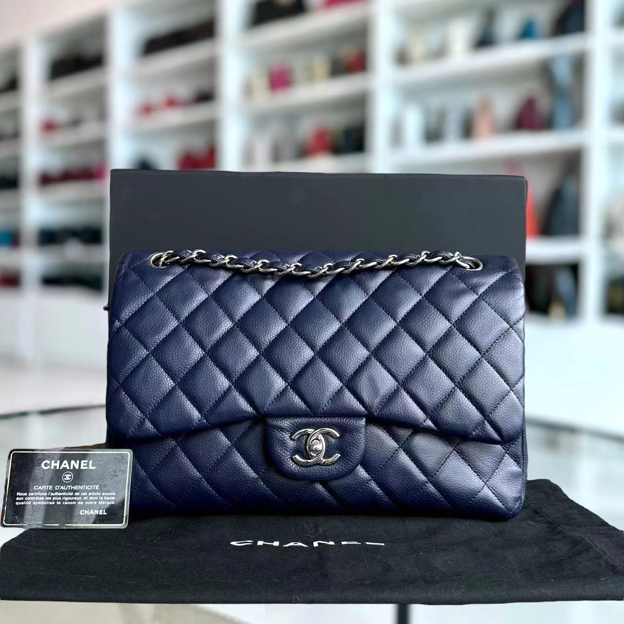 Chanel Caviar Jumbo Double Flap Classic Flap Quilted Calfskin Navy Blue SHW No 18 - Luxury Evermore