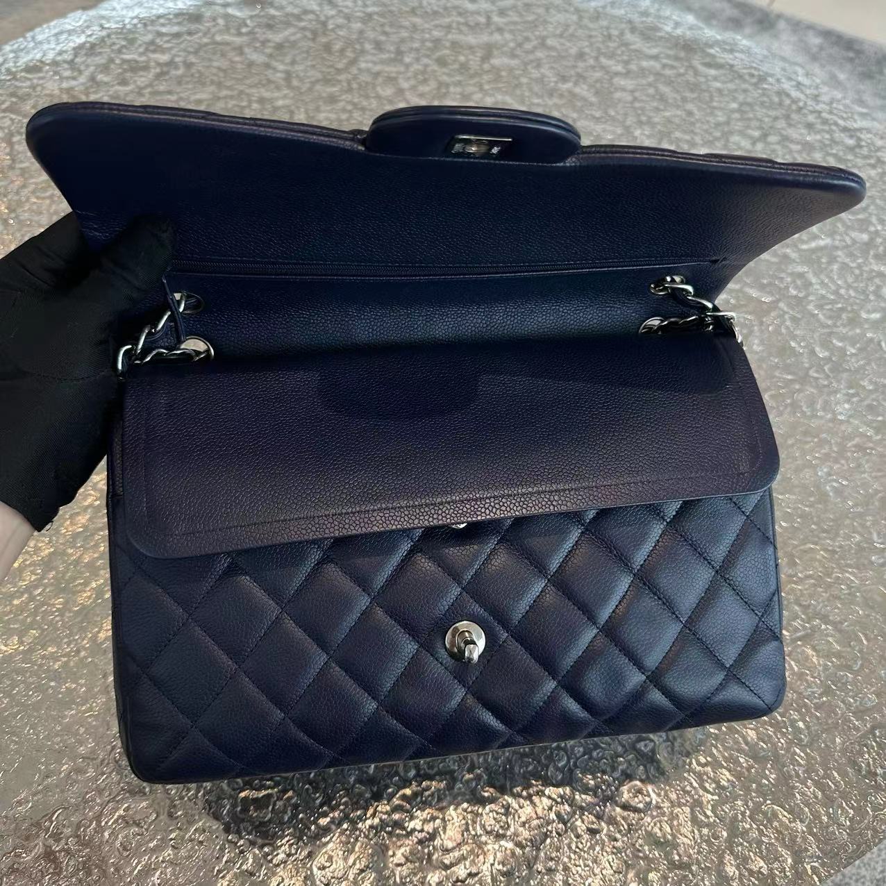 Chanel Caviar Jumbo Double Flap Classic Flap Quilted Calfskin Navy Blue SHW No 18 - Luxury Evermore