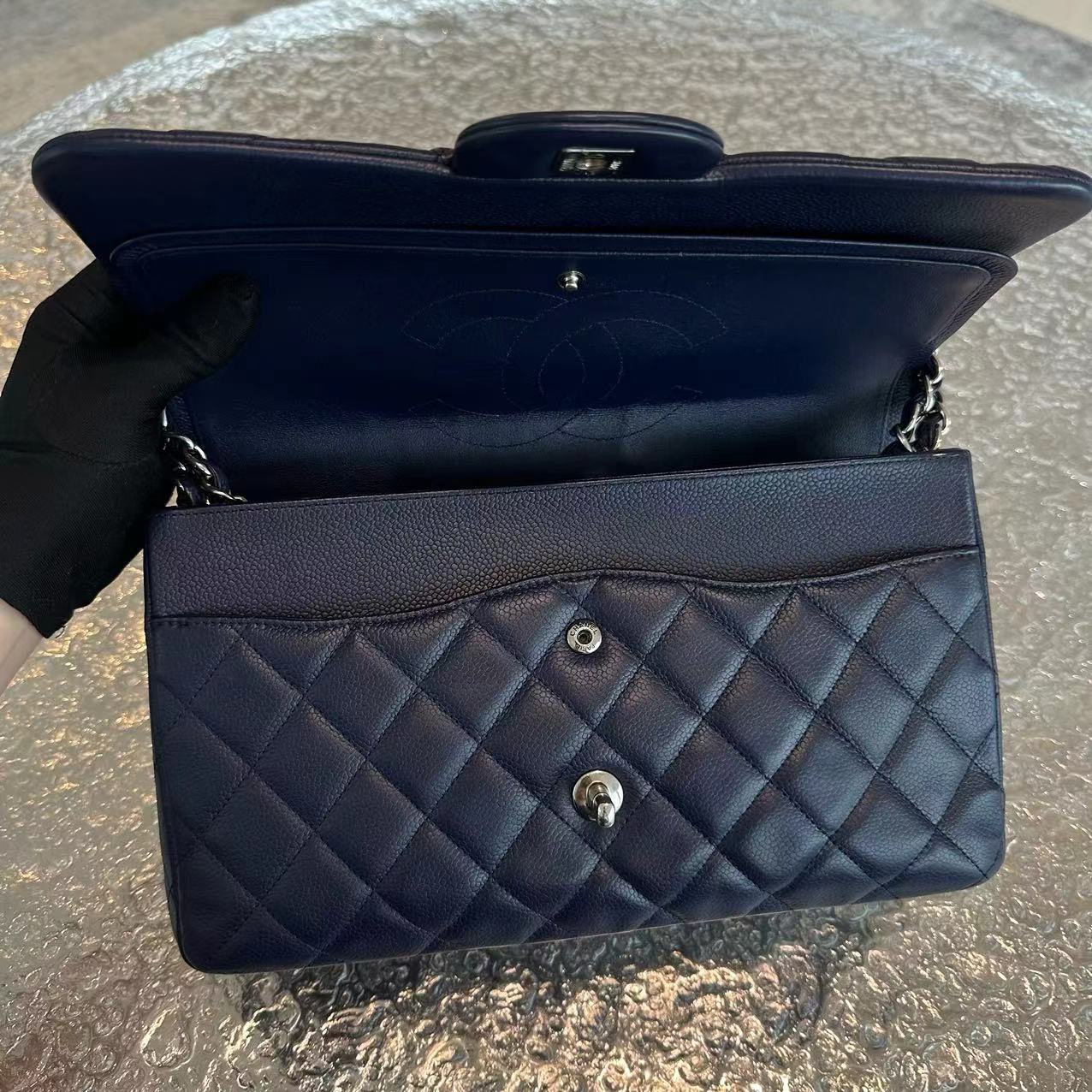 Chanel Caviar Jumbo Double Flap Classic Flap Quilted Calfskin Navy Blue SHW No 18 - Luxury Evermore