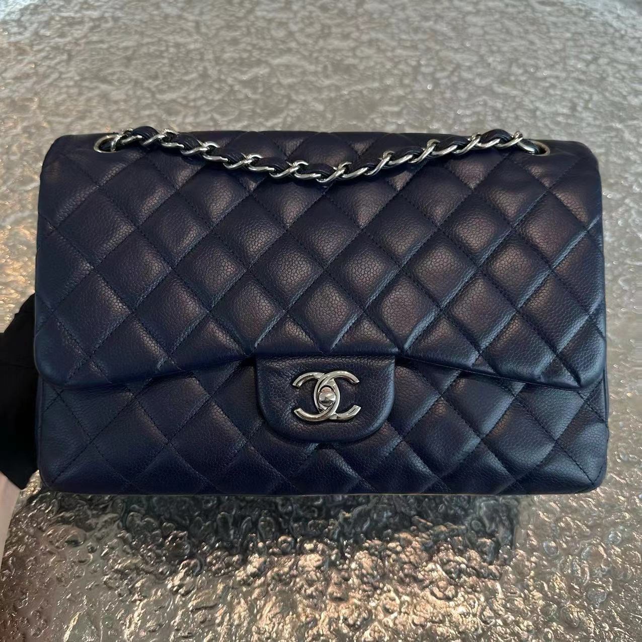 Chanel Caviar Jumbo Double Flap Classic Flap Quilted Calfskin Navy Blue SHW No 18 - Luxury Evermore