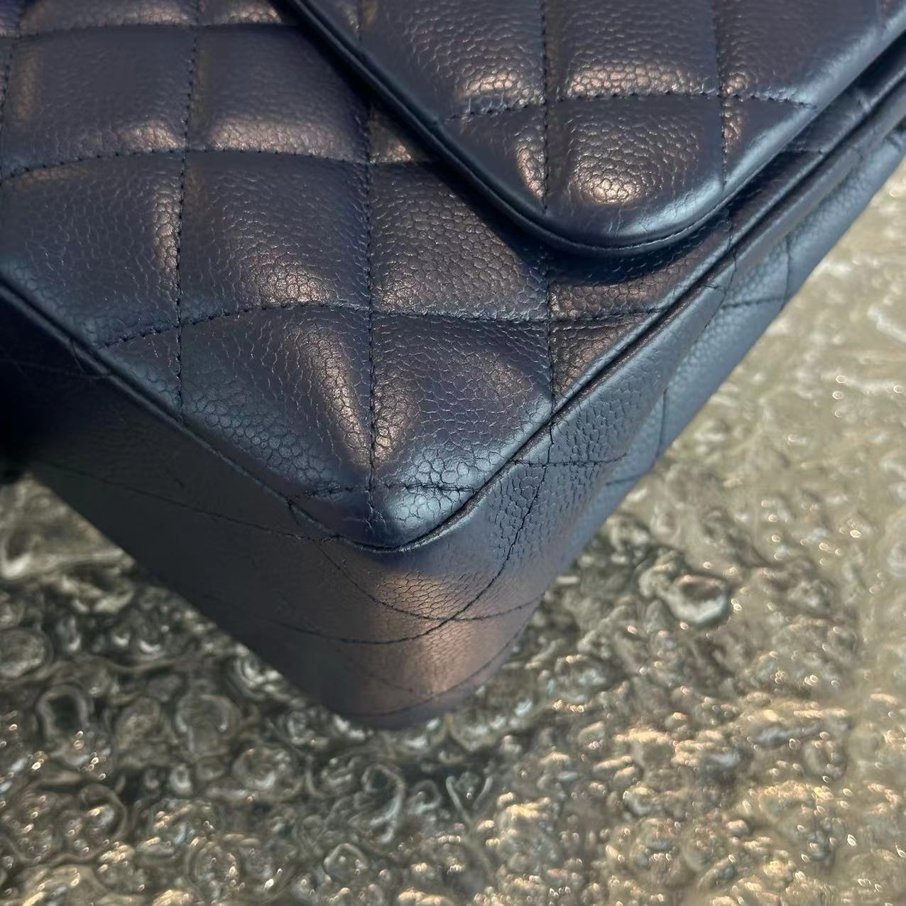 Chanel Caviar Jumbo Double Flap Classic Flap Quilted Calfskin Navy Blue SHW No 18 - Luxury Evermore