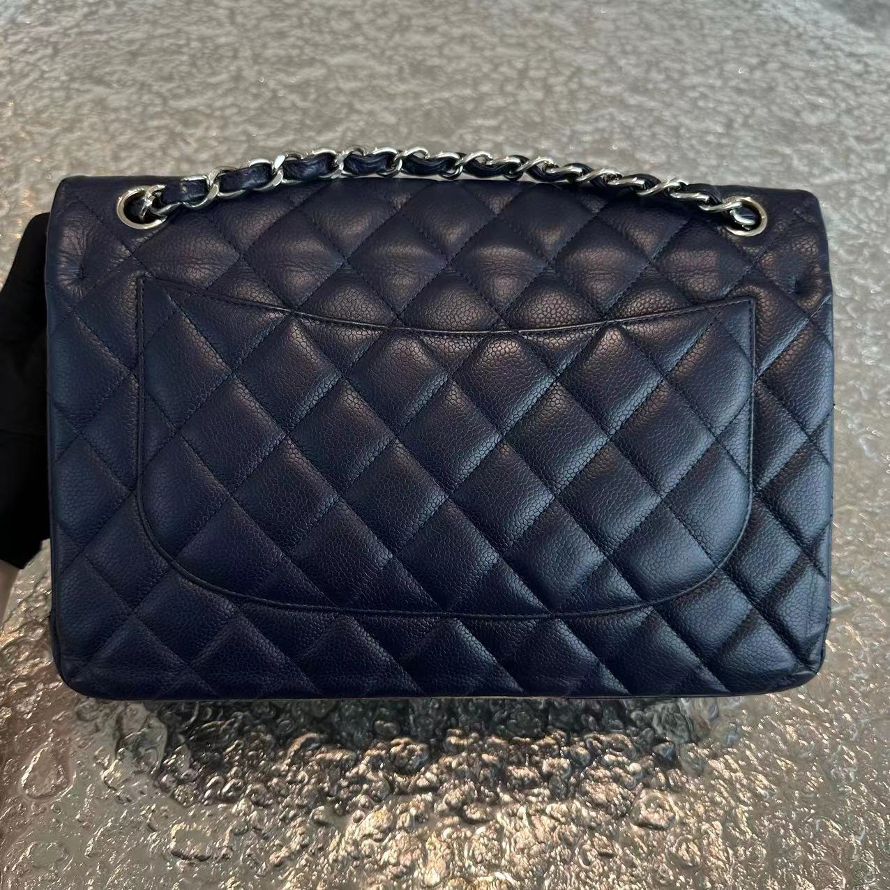 Chanel Caviar Jumbo Double Flap Classic Flap Quilted Calfskin Navy Blue SHW No 18 - Luxury Evermore