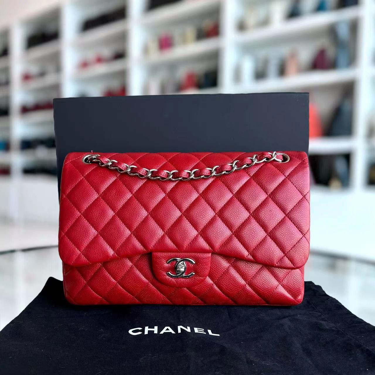 Chanel Caviar Jumbo Double Flap Classic Flap Quilted Calfskin Red SHW No 19 - Luxury Evermore