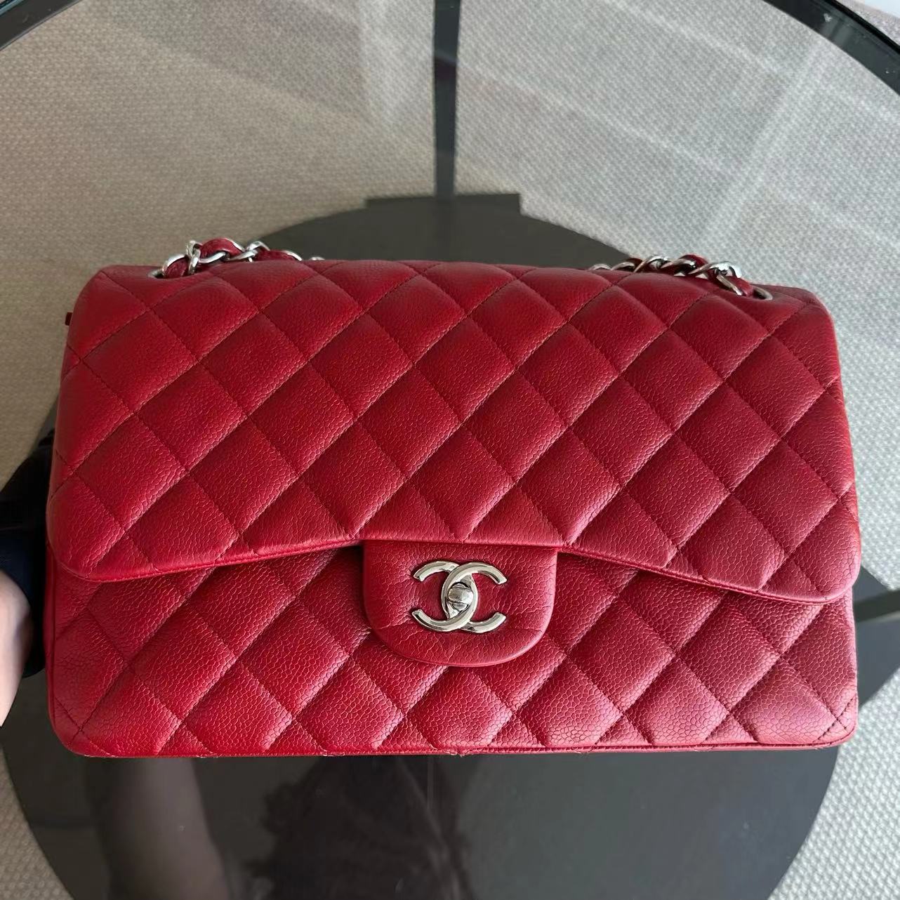 Chanel Caviar Jumbo Double Flap Classic Flap Quilted Calfskin Red SHW No 19 - Luxury Evermore