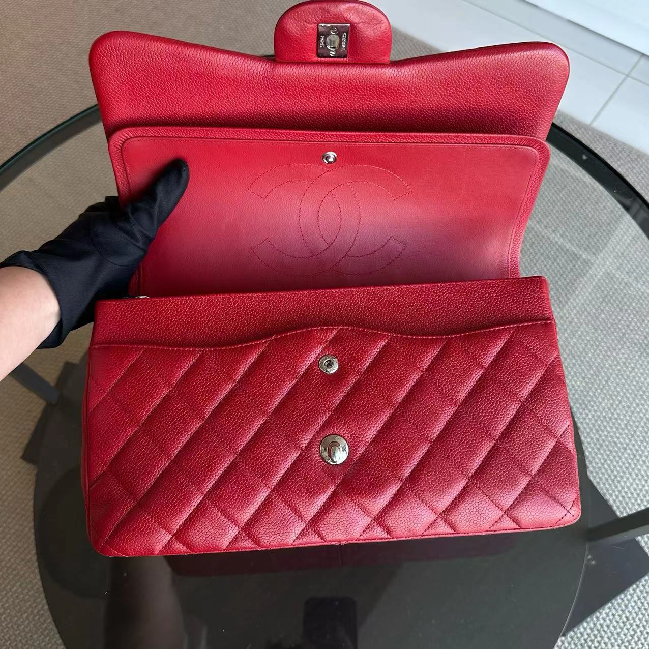 Chanel Caviar Jumbo Double Flap Classic Flap Quilted Calfskin Red SHW No 19 - Luxury Evermore