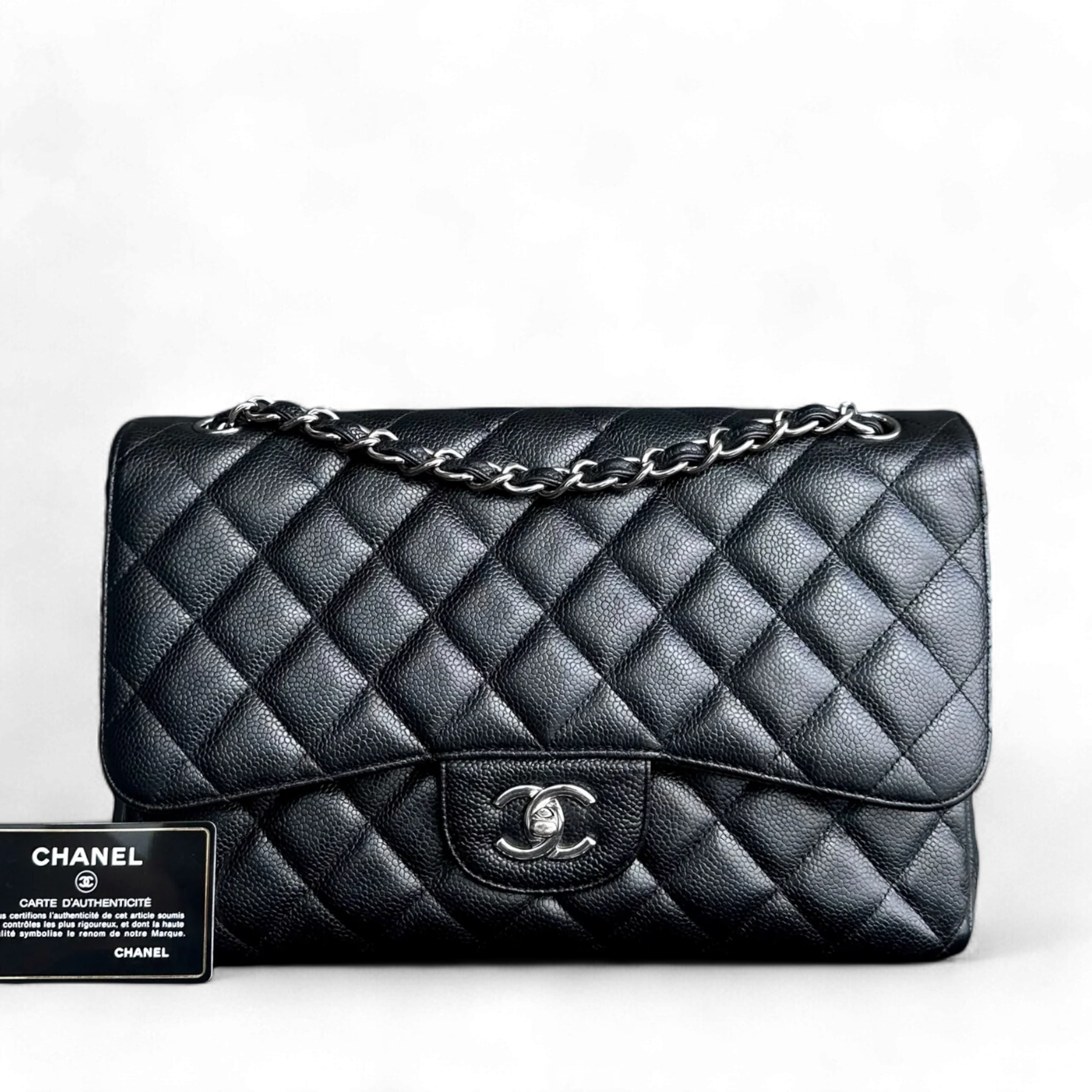 Chanel Classic Flap Jumbo - Caviar Double Flap Quilted Grained Calfskin Black Silver Hardware Series 14