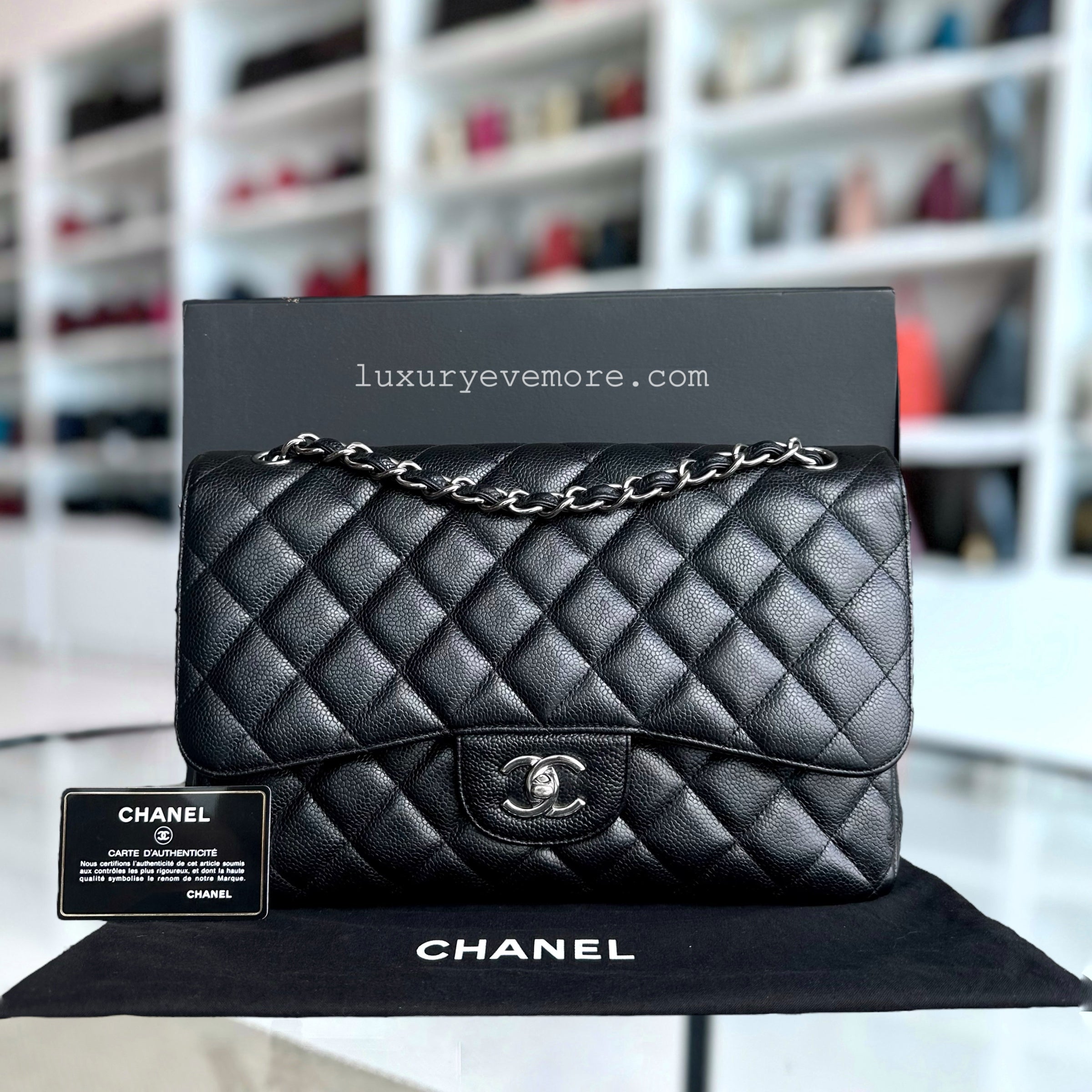 Chanel Caviar Jumbo Double Flap Classic Flap Quilted Grained Calfskin Black Silver Hardware Series 14 - Luxury Evermore