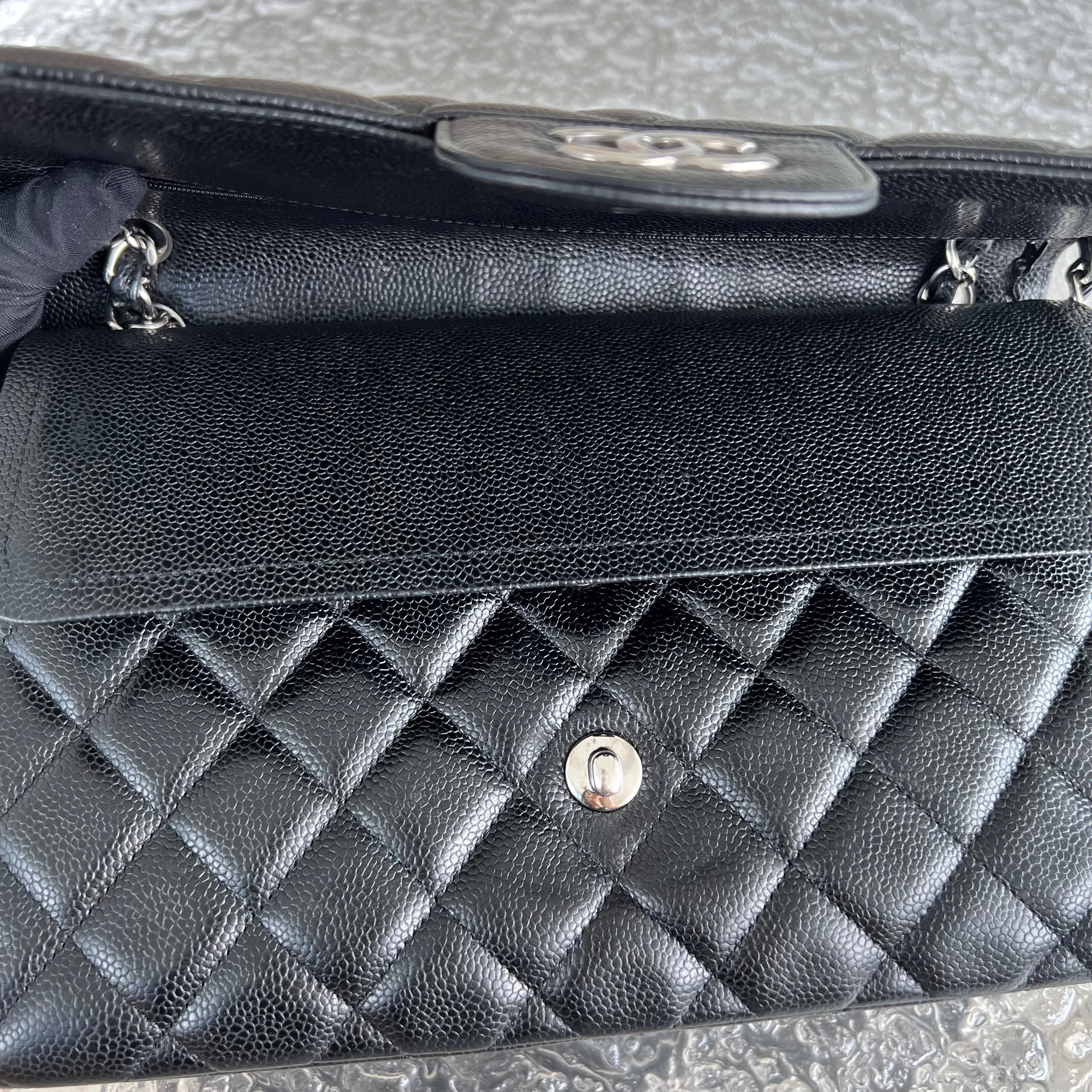 Chanel Caviar Jumbo Double Flap Classic Flap Quilted Grained Calfskin Black Silver Hardware Series 14 - Luxury Evermore