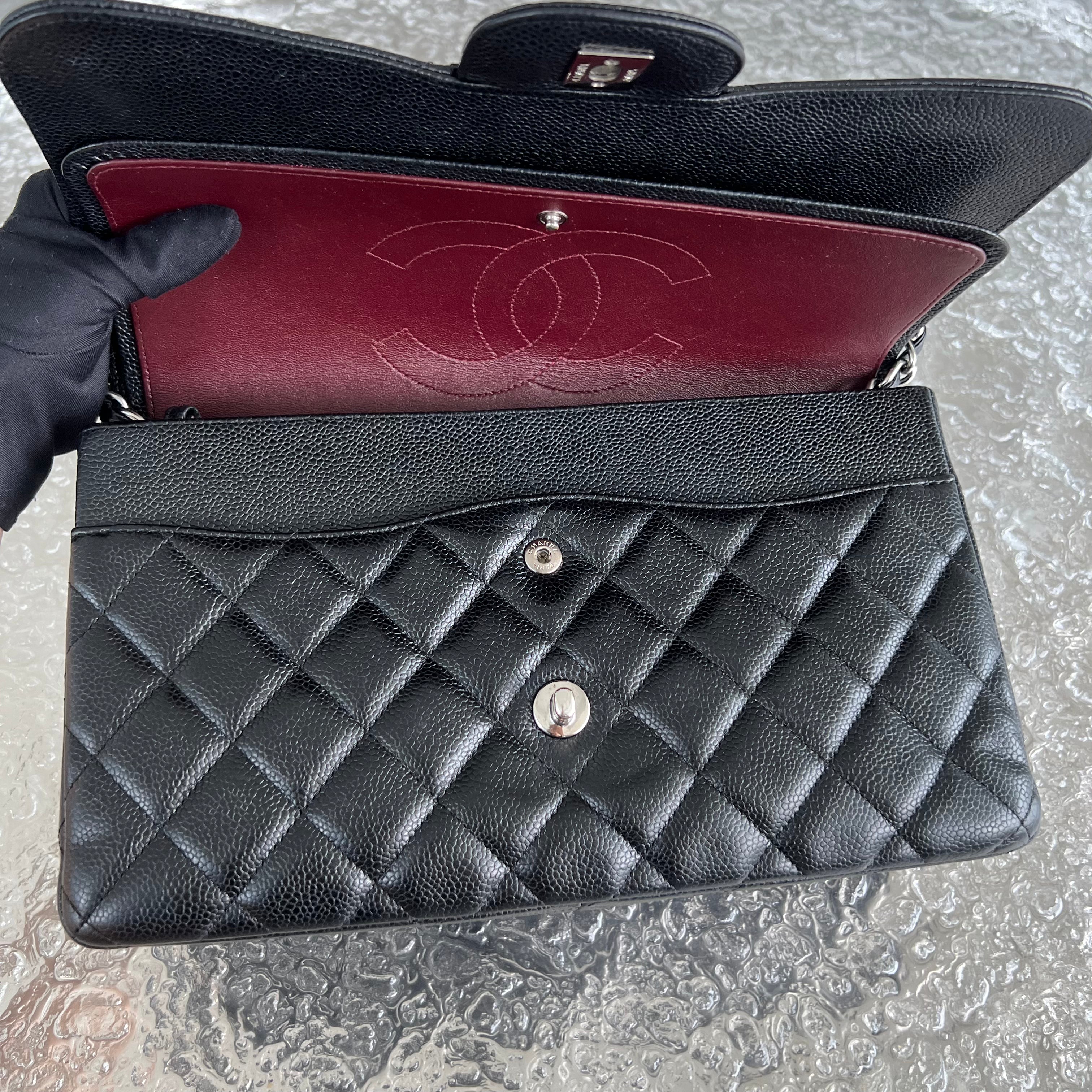 Chanel Caviar Jumbo Double Flap Classic Flap Quilted Grained Calfskin Black Silver Hardware Series 14 - Luxury Evermore