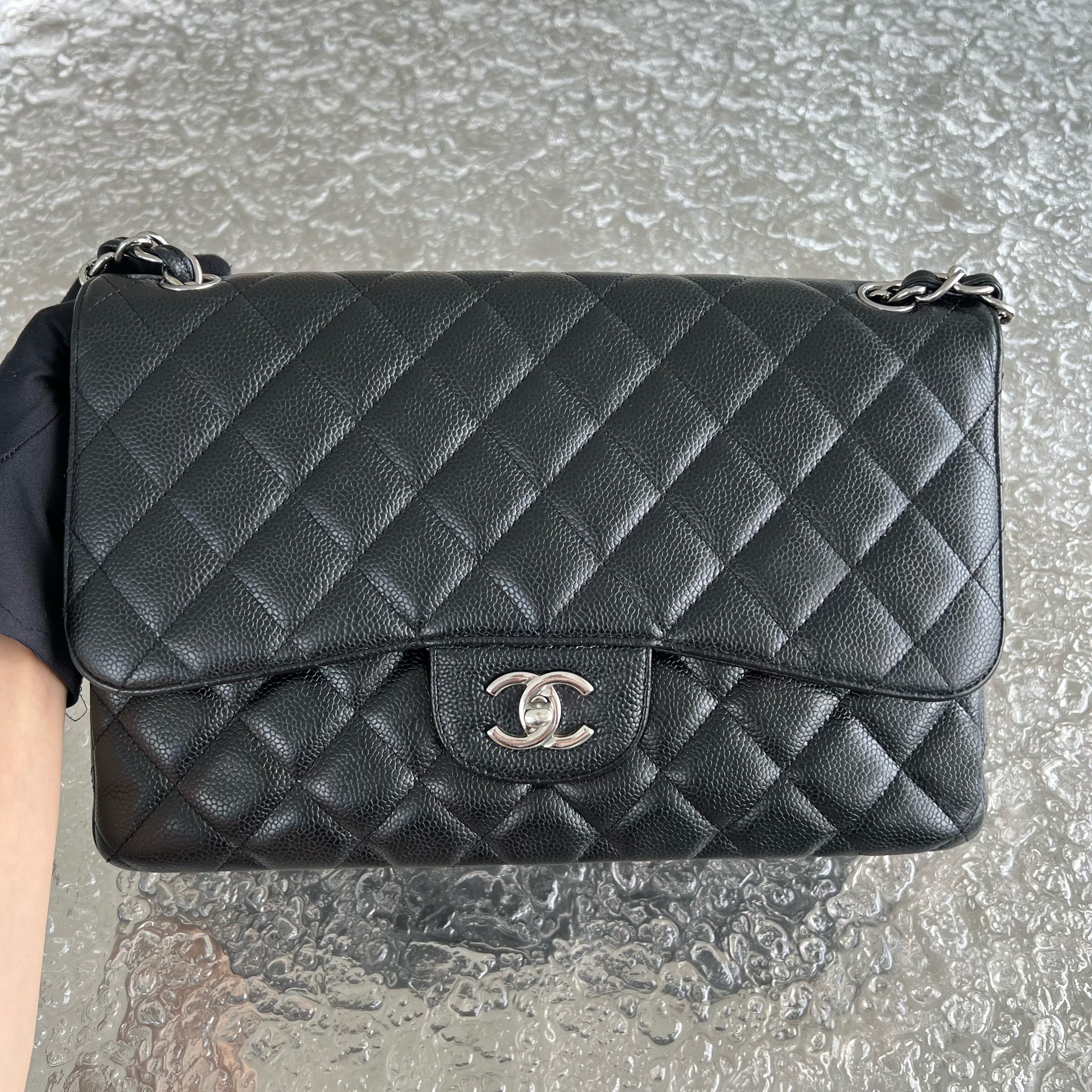 Chanel Caviar Jumbo Double Flap Classic Flap Quilted Grained Calfskin Black Silver Hardware Series 14 - Luxury Evermore