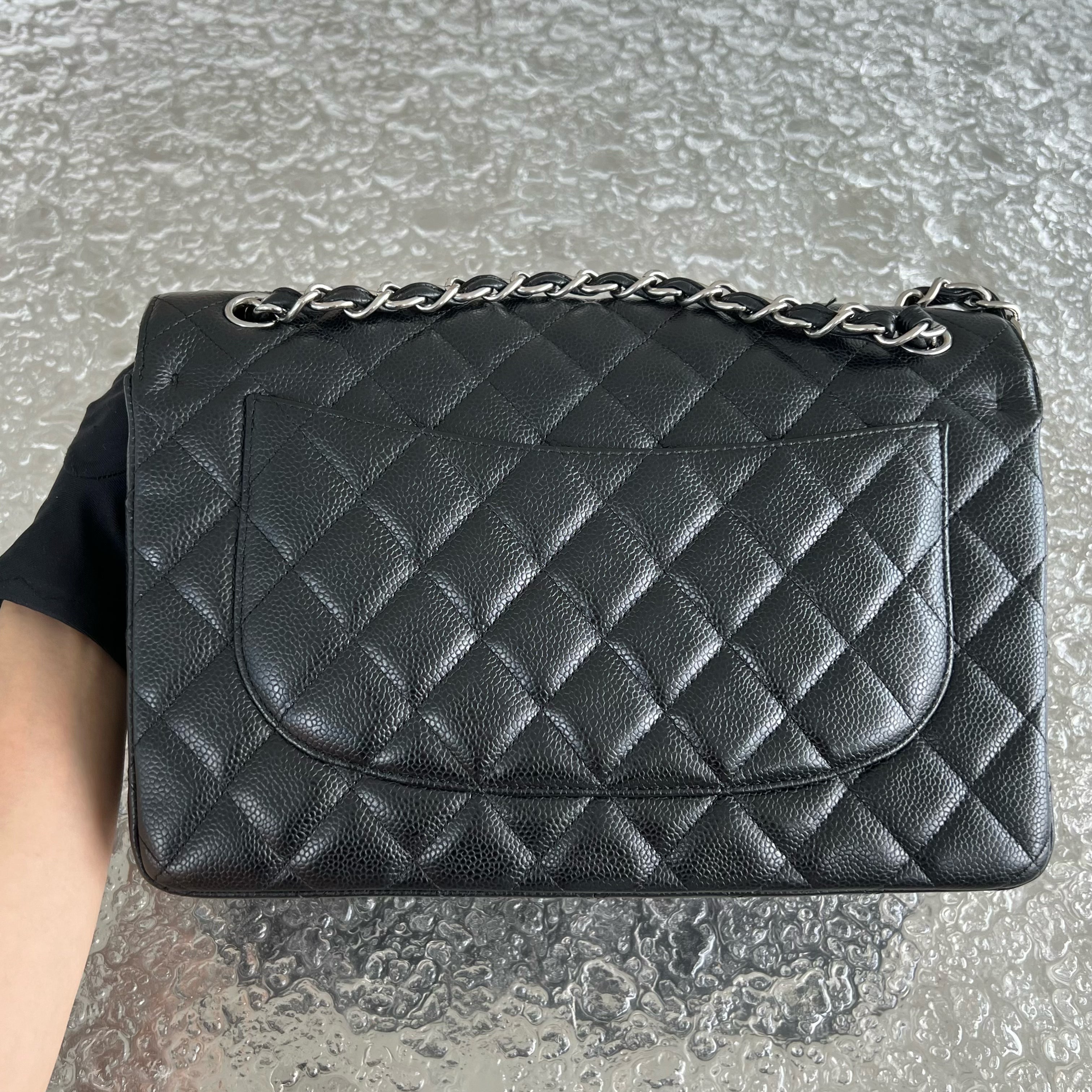 Chanel Caviar Jumbo Double Flap Classic Flap Quilted Grained Calfskin Black Silver Hardware Series 14 - Luxury Evermore