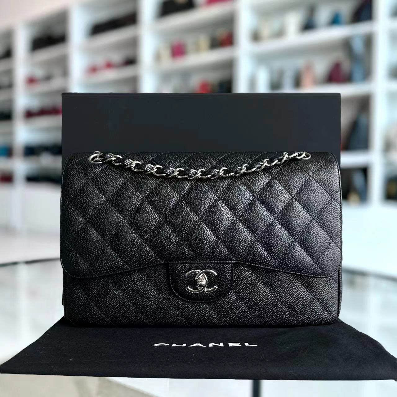 Chanel Caviar Jumbo Double Flap Classic Flap Quilted Grained Calfskin Black Silver Hardware Series 15 - Luxury Evermore