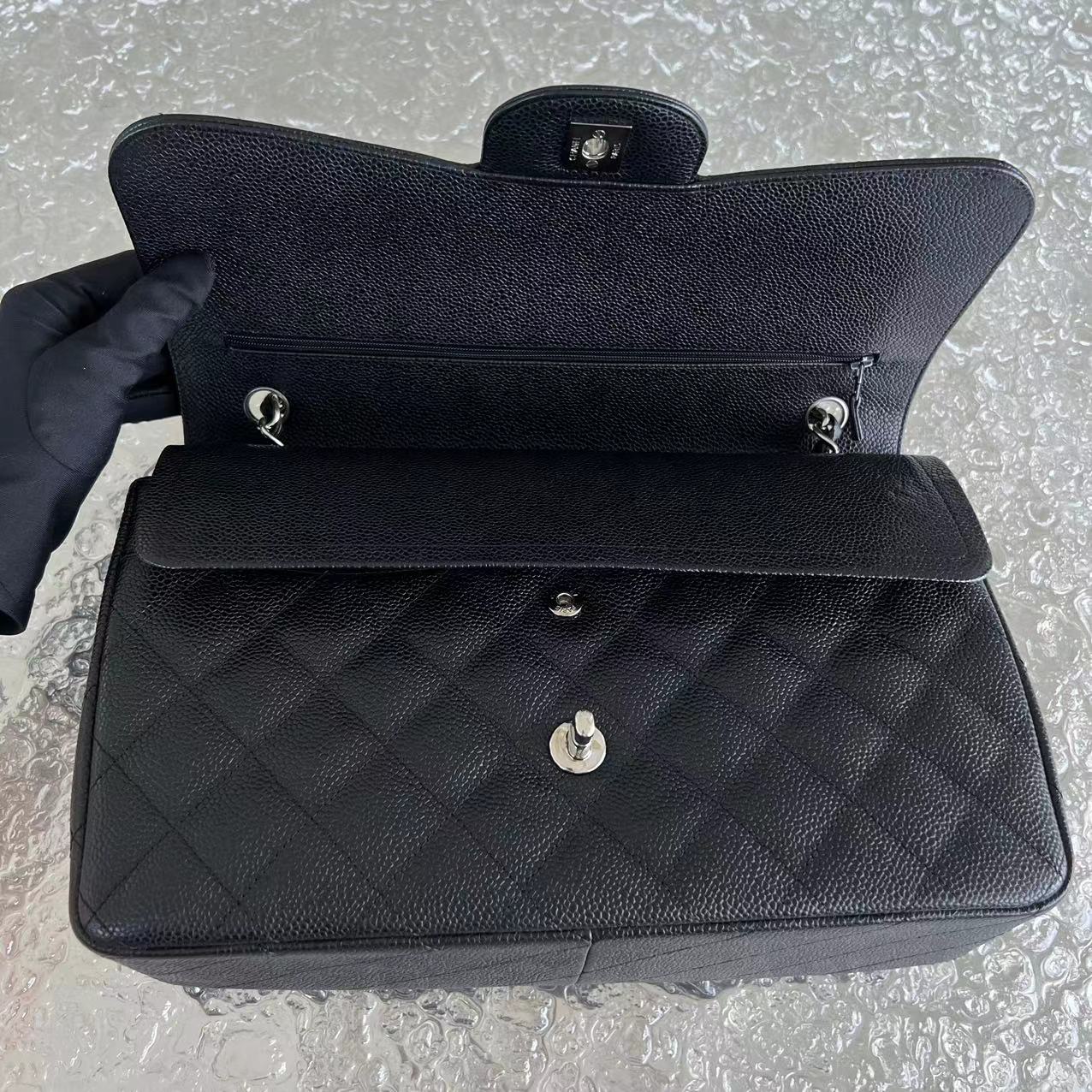 Chanel Caviar Jumbo Double Flap Classic Flap Quilted Grained Calfskin Black Silver Hardware Series 15 - Luxury Evermore