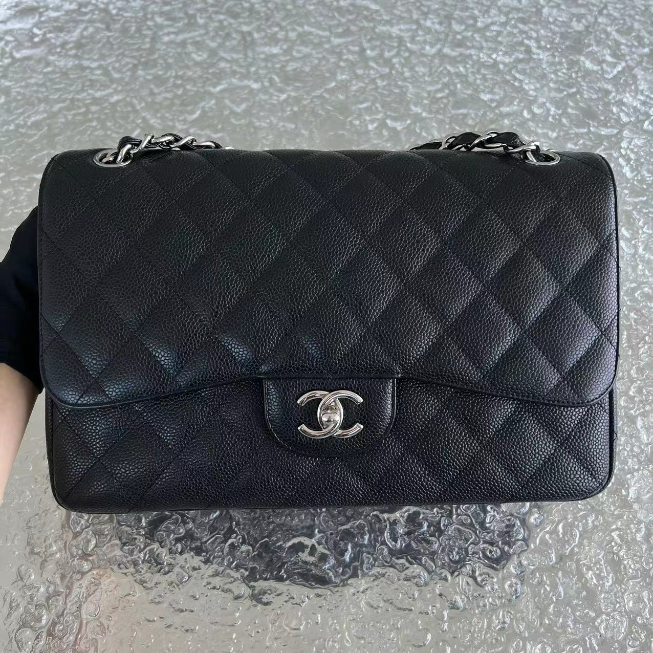 Chanel Caviar Jumbo Double Flap Classic Flap Quilted Grained Calfskin Black Silver Hardware Series 15 - Luxury Evermore