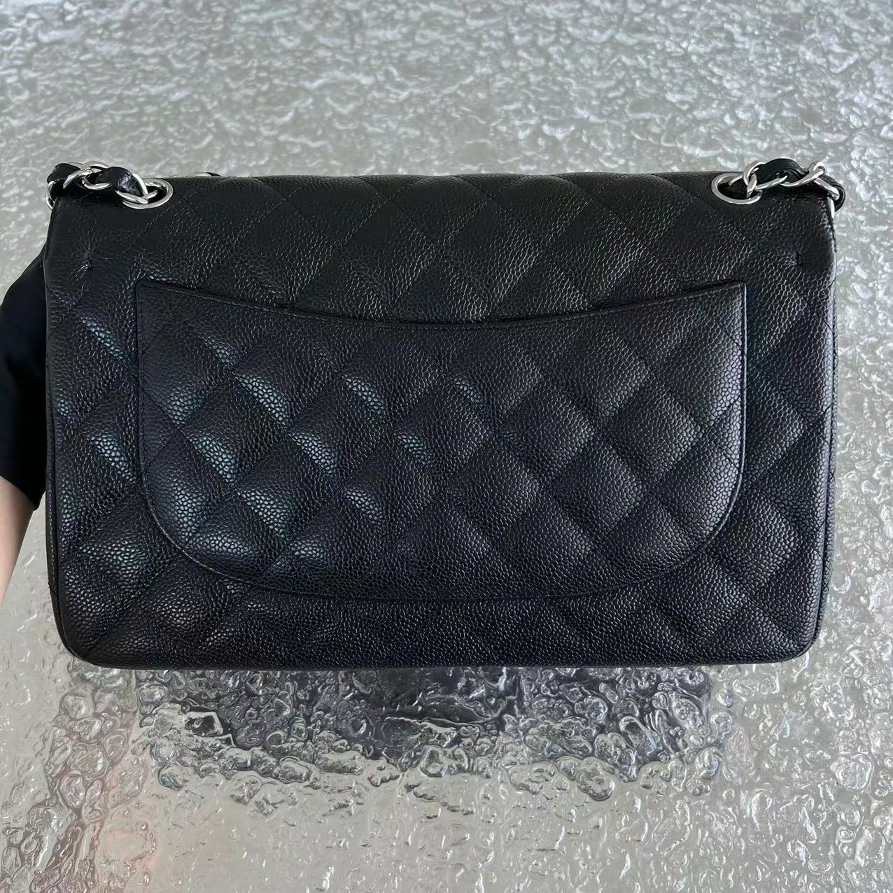 Chanel Caviar Jumbo Double Flap Classic Flap Quilted Grained Calfskin Black Silver Hardware Series 15 - Luxury Evermore