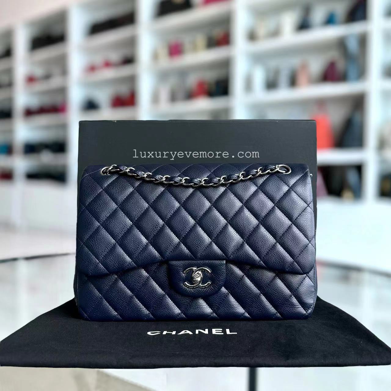 Chanel Caviar Jumbo Double Flap Classic Flap Quilted Grained Calfskin Dark Blue Silver Hardware Series 19 - Luxury Evermore