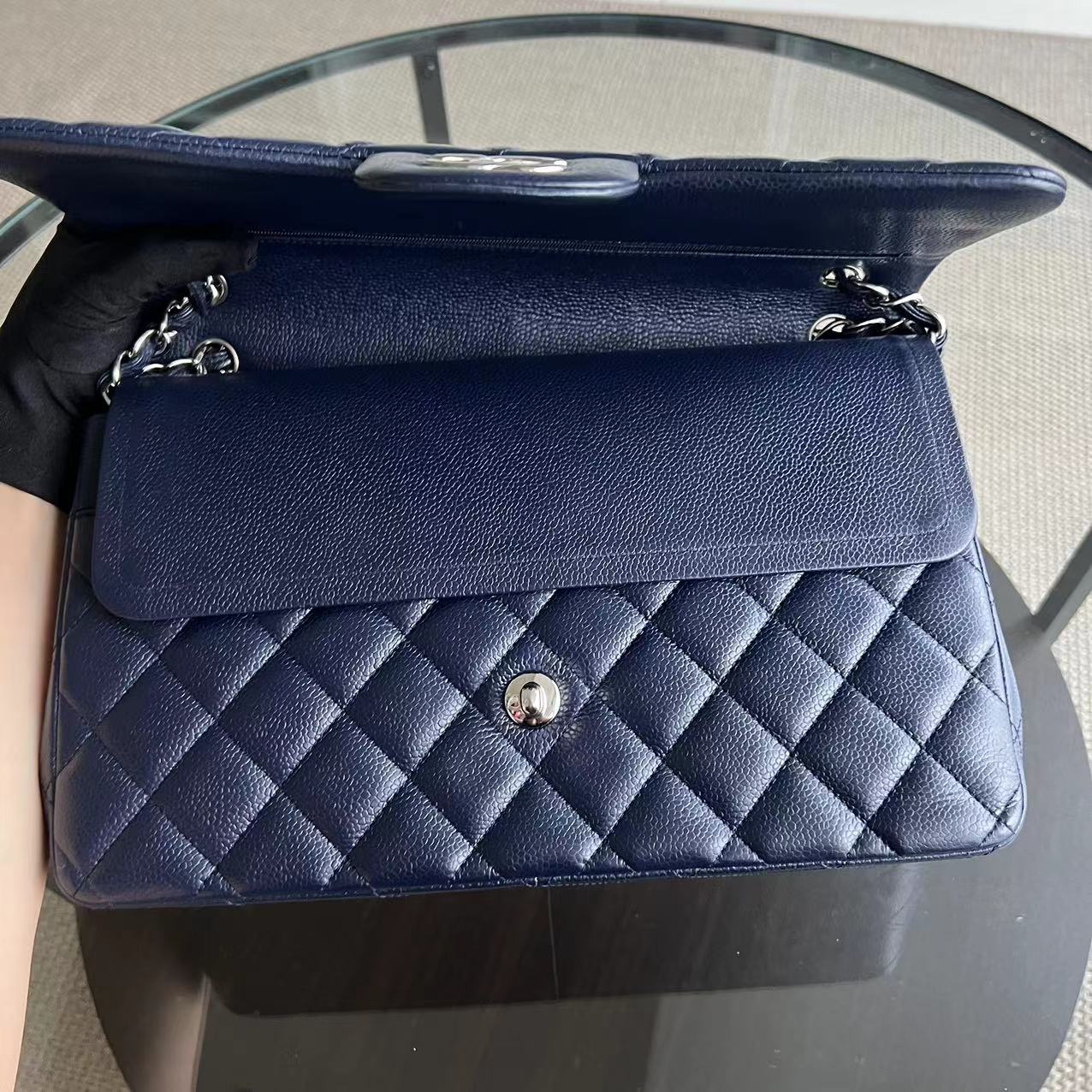 Chanel Caviar Jumbo Double Flap Classic Flap Quilted Grained Calfskin Dark Blue Silver Hardware Series 19 - Luxury Evermore