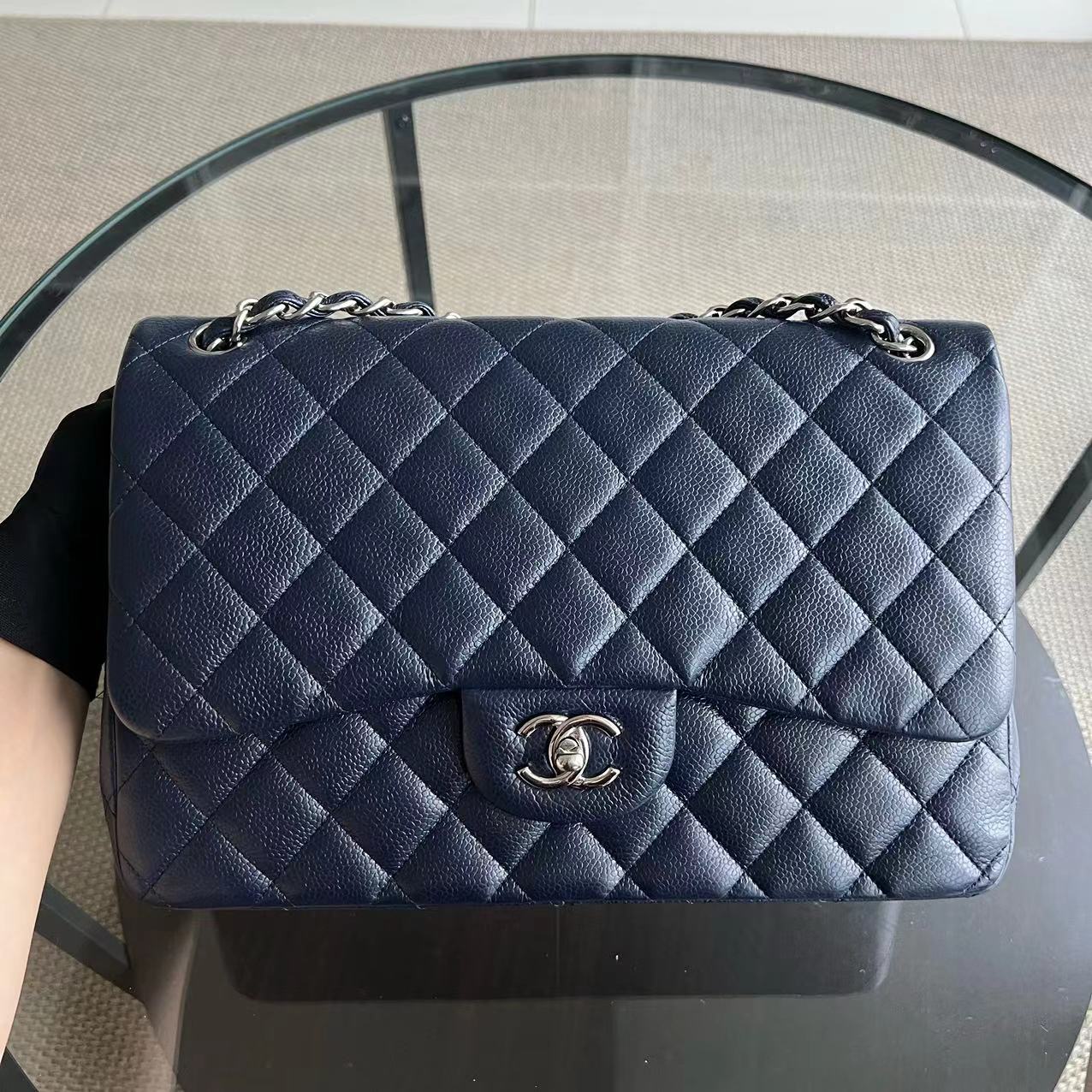 Chanel Caviar Jumbo Double Flap Classic Flap Quilted Grained Calfskin Dark Blue Silver Hardware Series 19 - Luxury Evermore