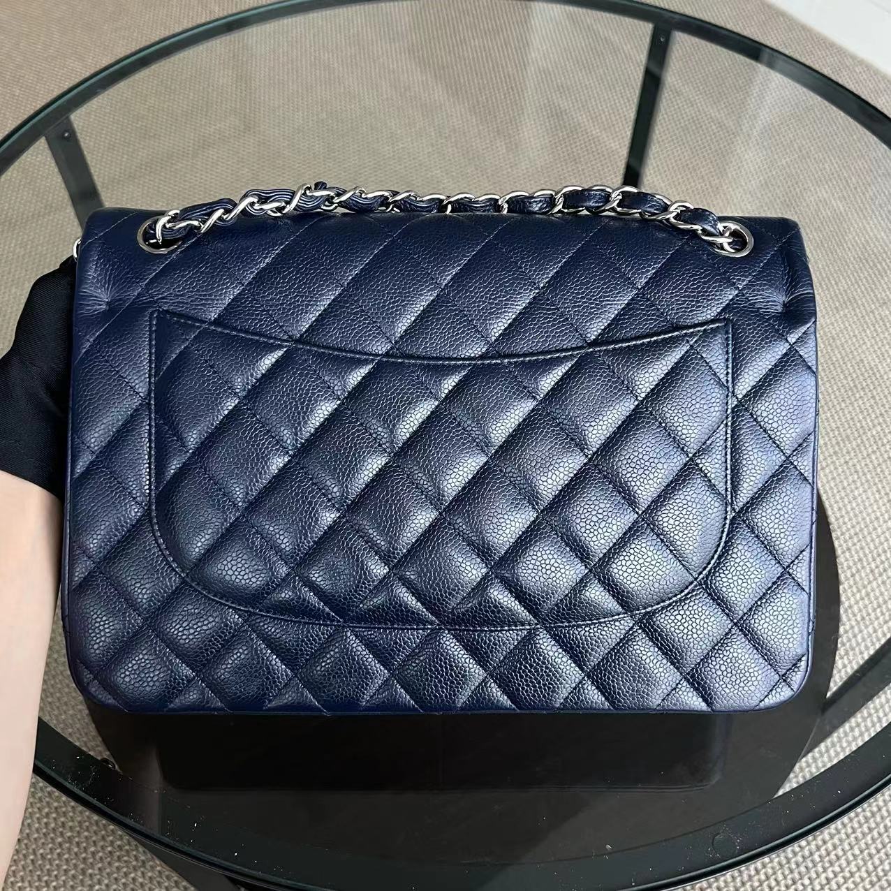 Chanel Caviar Jumbo Double Flap Classic Flap Quilted Grained Calfskin Dark Blue Silver Hardware Series 19 - Luxury Evermore