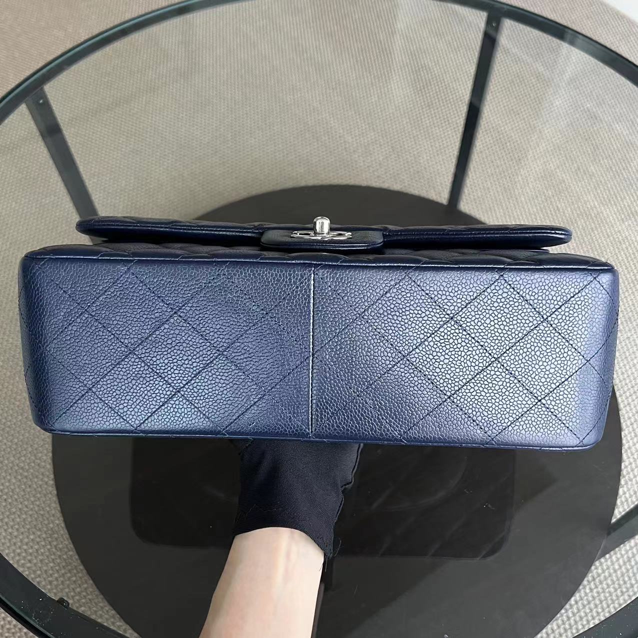 Chanel Caviar Jumbo Double Flap Classic Flap Quilted Grained Calfskin Dark Blue Silver Hardware Series 19 - Luxury Evermore