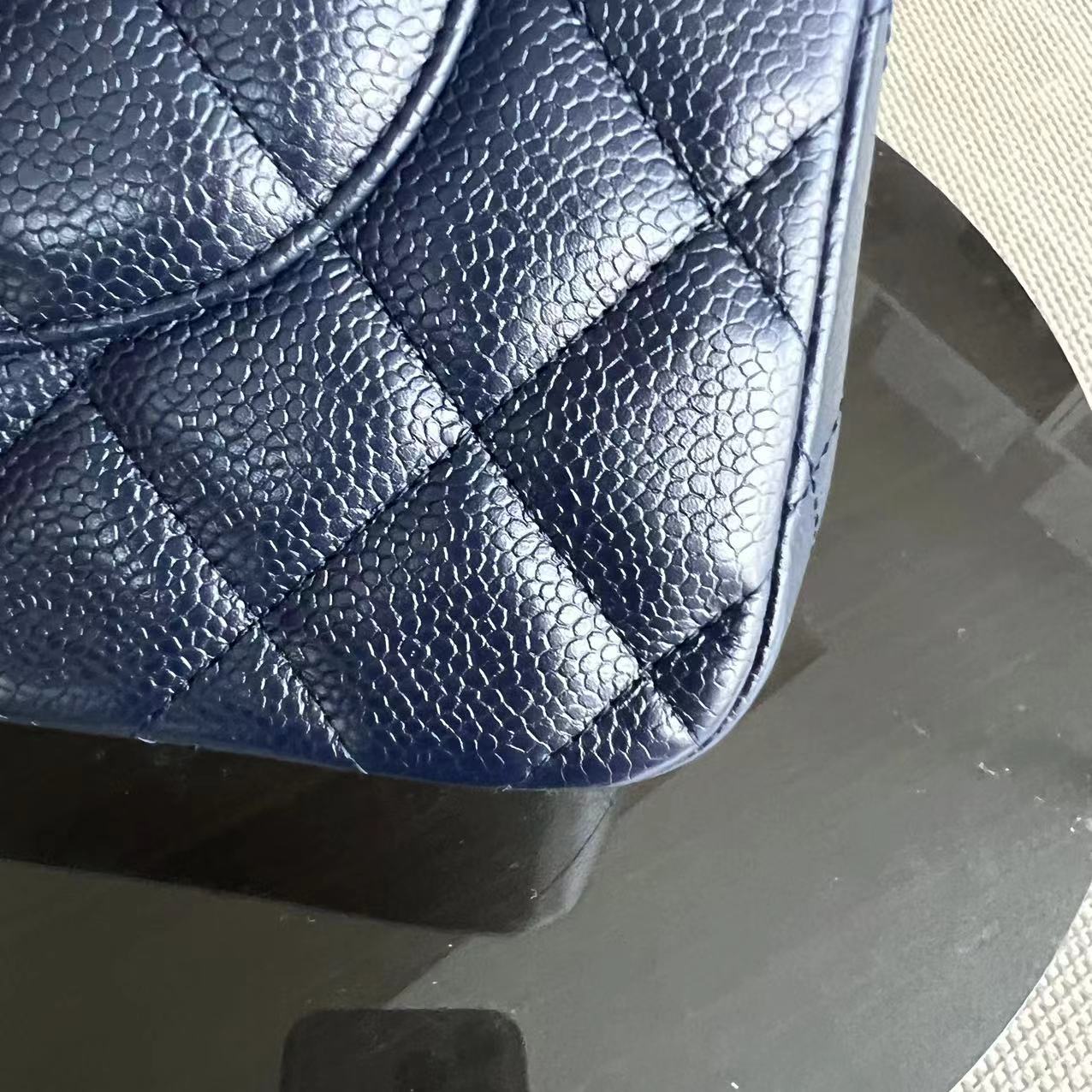 Chanel Caviar Jumbo Double Flap Classic Flap Quilted Grained Calfskin Dark Blue Silver Hardware Series 19 - Luxury Evermore