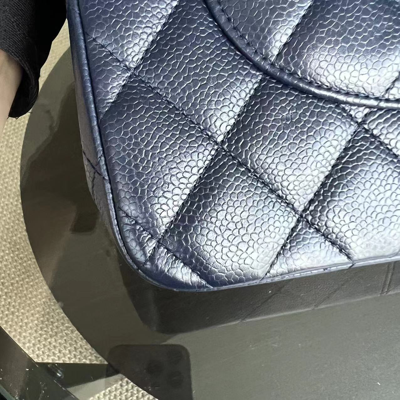 Chanel Caviar Jumbo Double Flap Classic Flap Quilted Grained Calfskin Dark Blue Silver Hardware Series 19 - Luxury Evermore