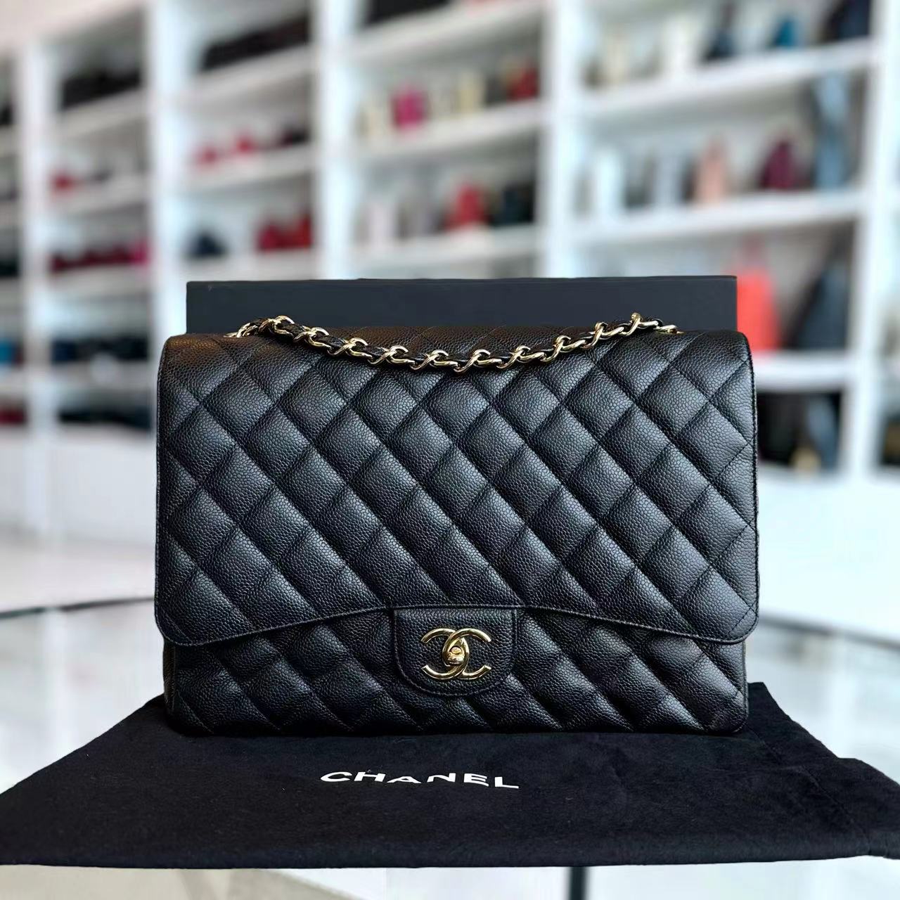 Chanel Caviar Maxi Classic Flap Double Flap Quilted Calfskin Black GHW No 15 - Luxury Evermore