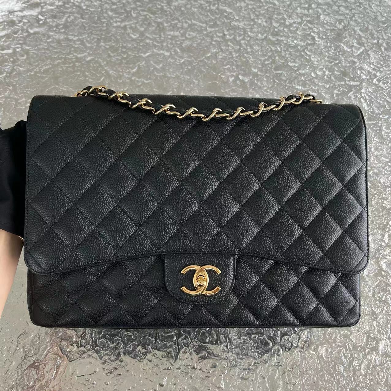 Chanel Caviar Maxi Classic Flap Double Flap Quilted Calfskin Black GHW No 15 - Luxury Evermore