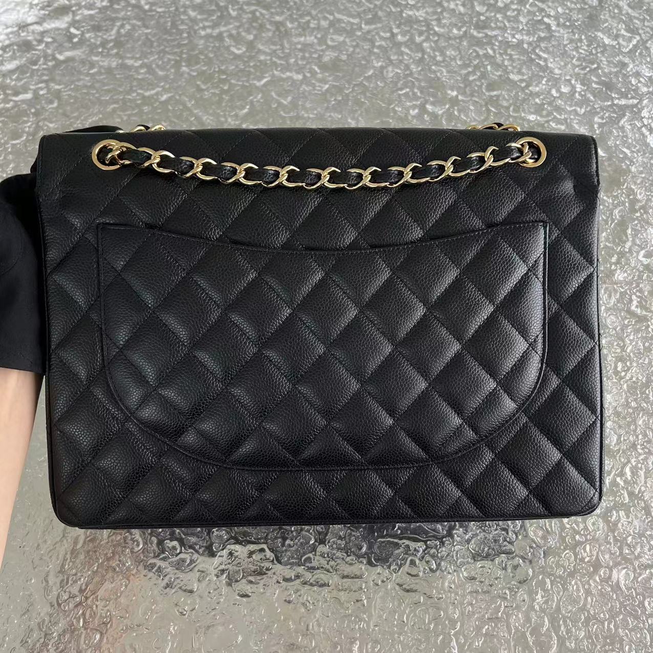 Chanel Caviar Maxi Classic Flap Double Flap Quilted Calfskin Black GHW No 15 - Luxury Evermore