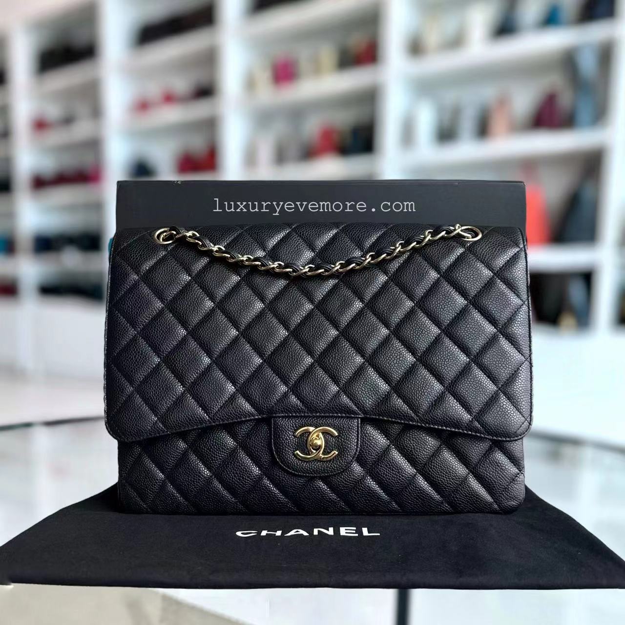 Chanel Caviar Maxi Classic Flap Single Flap Quilted Grained Calfskin Black Golden Hardware Series 13 - Luxury Evermore